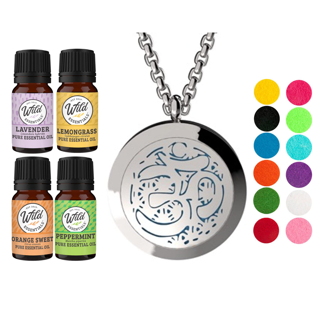 Wild Essentials Aum Om Necklace Essential Oil Diffuser Kit with Lavender, Lemongrass, Peppermint, Orange Oils, 12 Refill Pads, C
