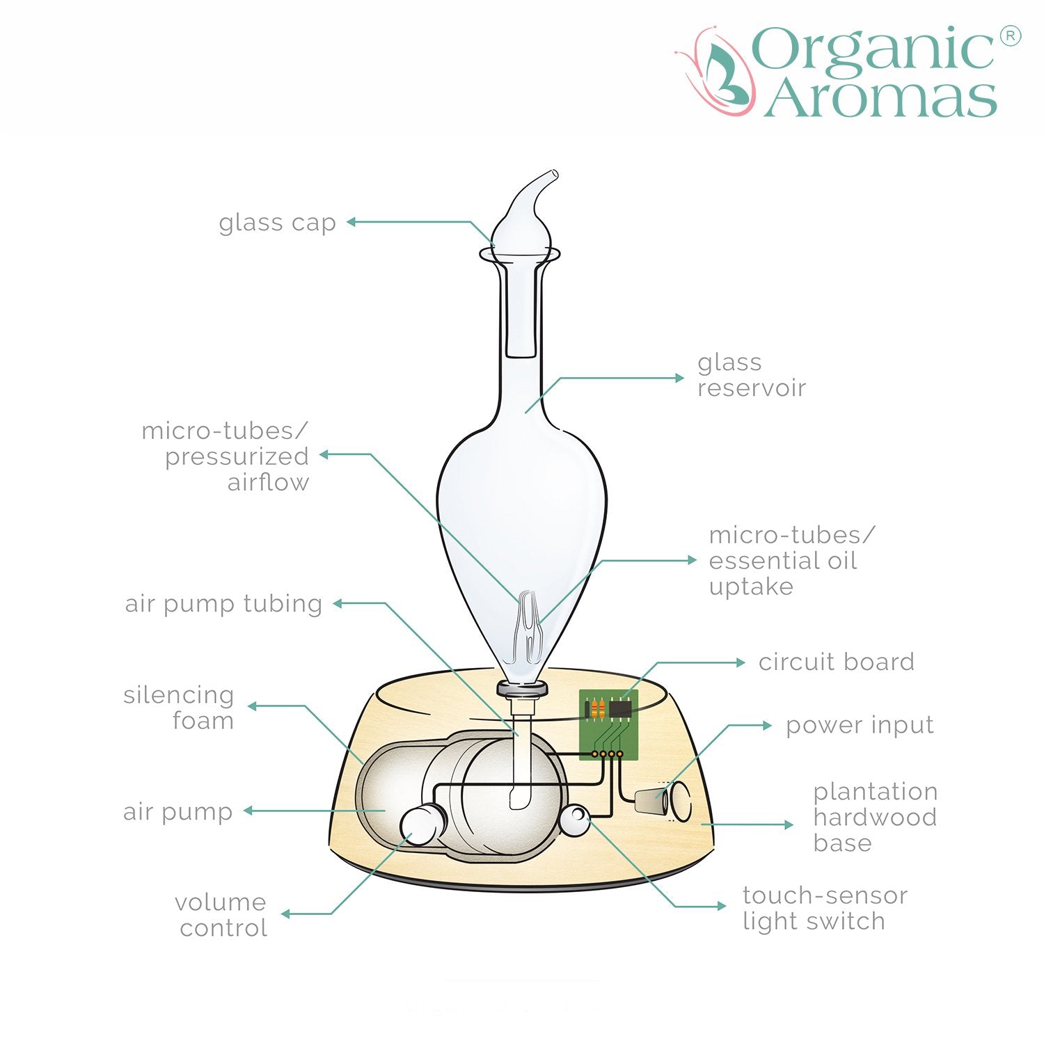 Elegance Nebulizing Essential Oil Diffuser for Aromatherapy by Organic Aromas - Light-Colored Wood Base and Glass Reservoir