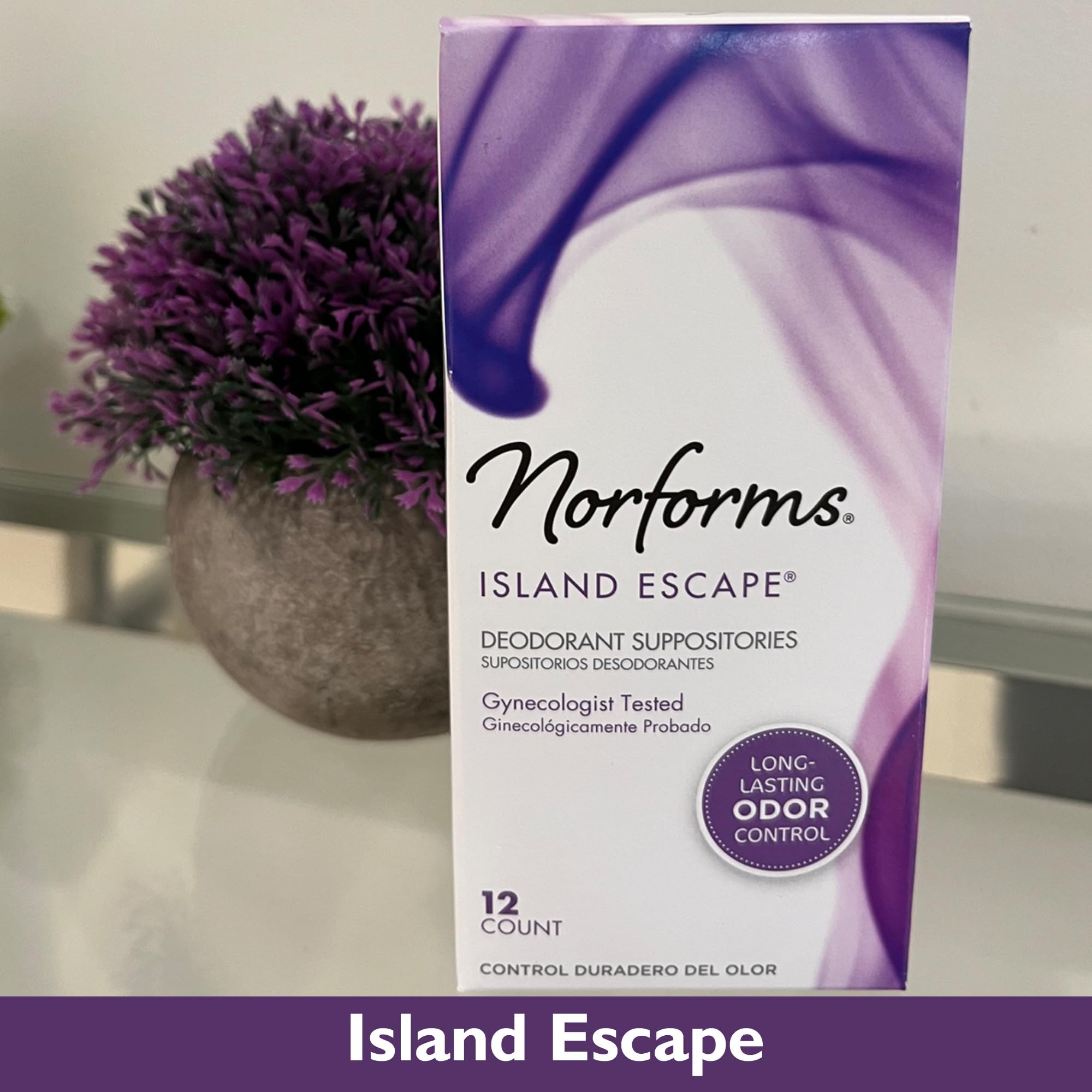Norforms Feminine Deodorant Suppositories, Long Lasting Odor Control, Island Escape Scent, 12 Count Deodorant Suppositories in E