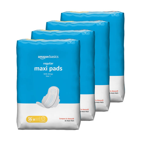 Amazon Basics Thick Maxi Pads with Flexi-Wings for Periods, Regular Absorbency, Unscented, Size 1, 144 Count, 4 Packs of 36 (Pre
