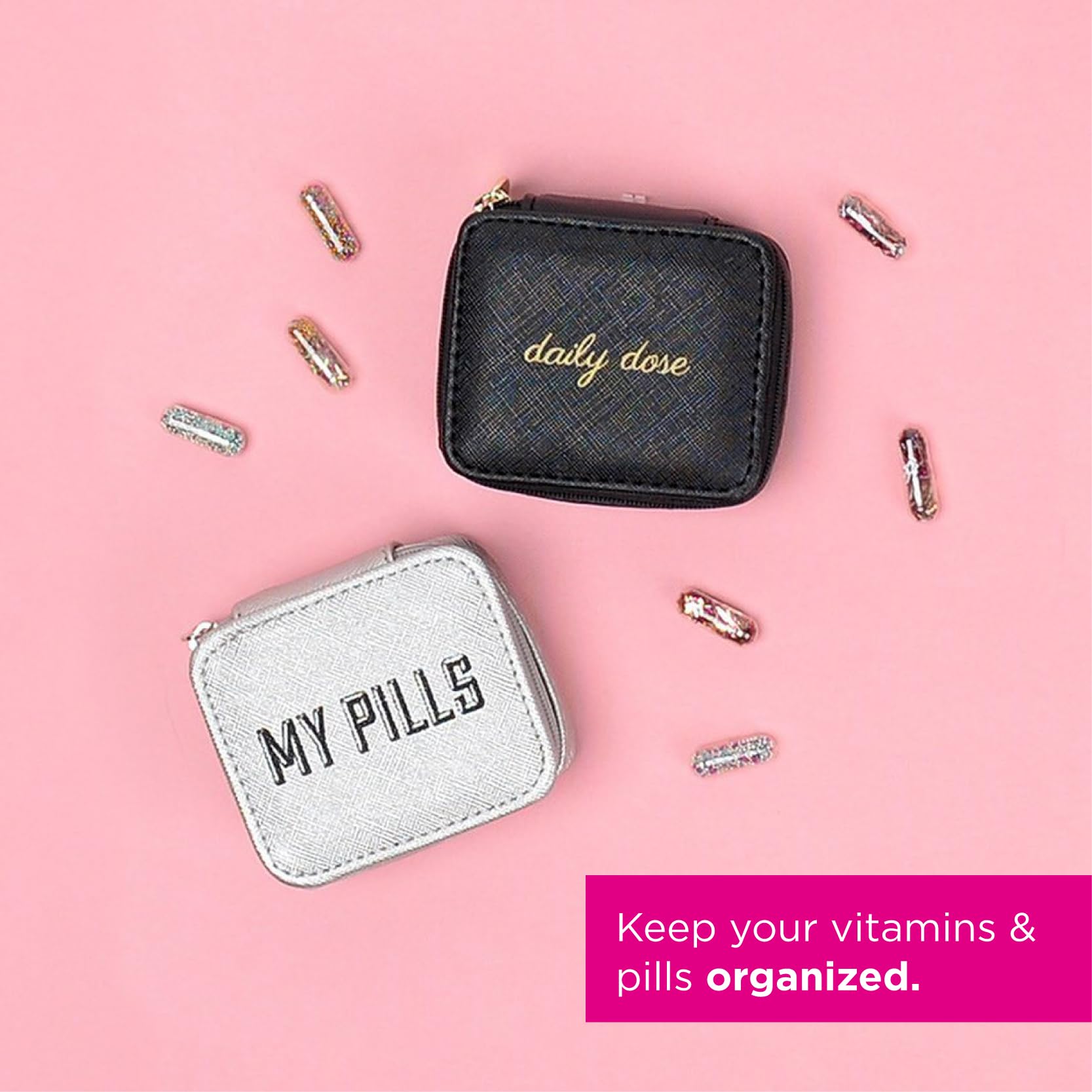 Miamica Zippered Daily Dose    Pill Case with 8-Day Removable Plastic Medicine Organizer, Black, 3.5    L x 2.75    W x 1.25