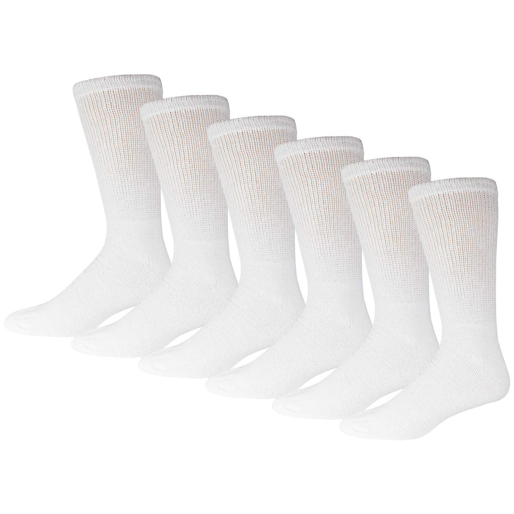 6 Pairs of Cotton Diabetic Non-Binding Neuropathy Crew Socks (White, Fits Mens Shoe Size 12-14.5)