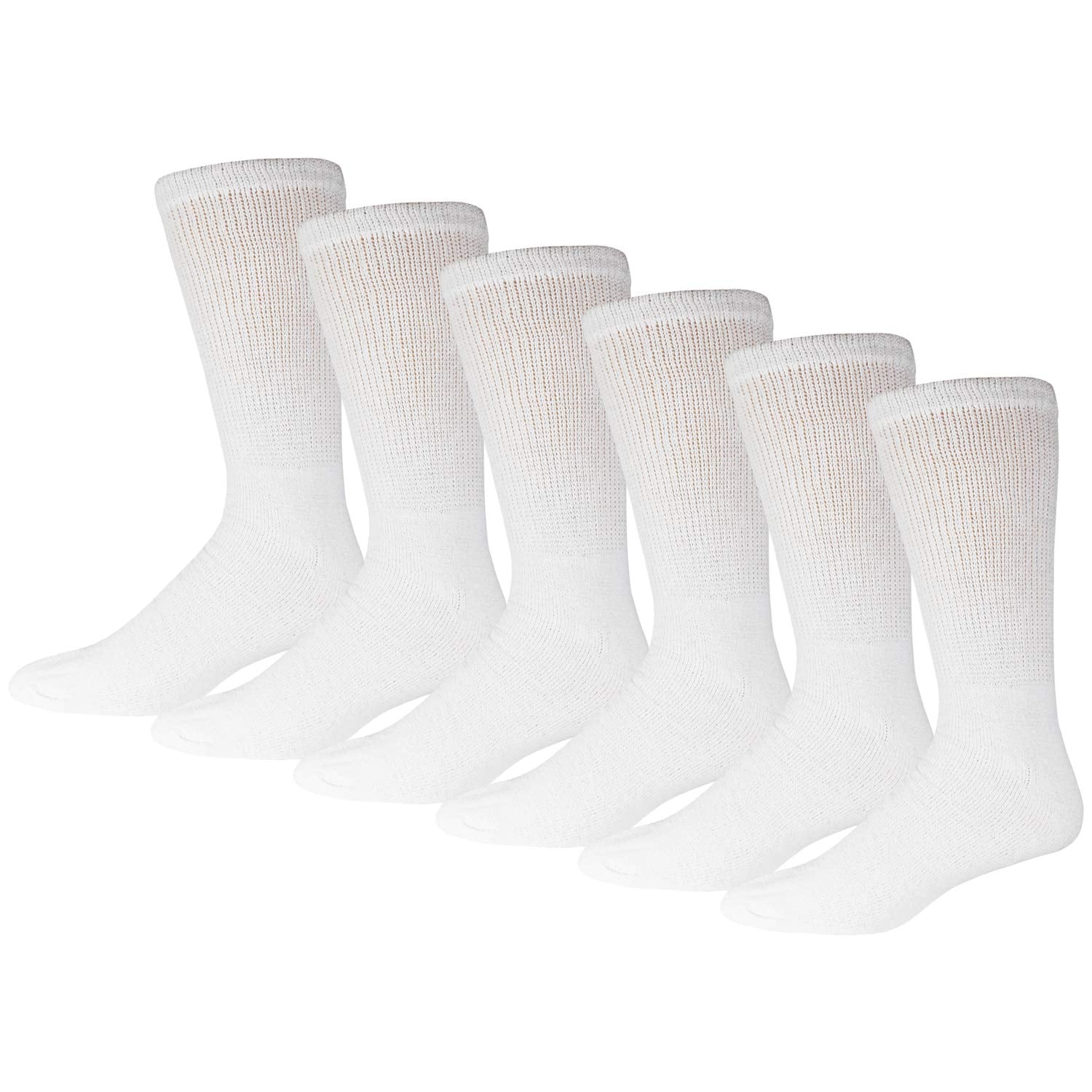 6 Pairs of Cotton Diabetic Non-Binding Neuropathy Crew Socks (White, Fits Mens Shoe Size 12-14.5)