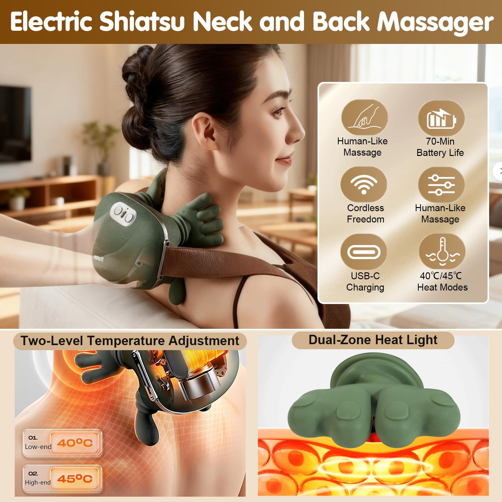 Siasoo Heated Neck Massager-Wireless Portable Shiatsu Neck and Shoulder Deep Tissue 4D Kneading Massage Pillow, Simulated Human