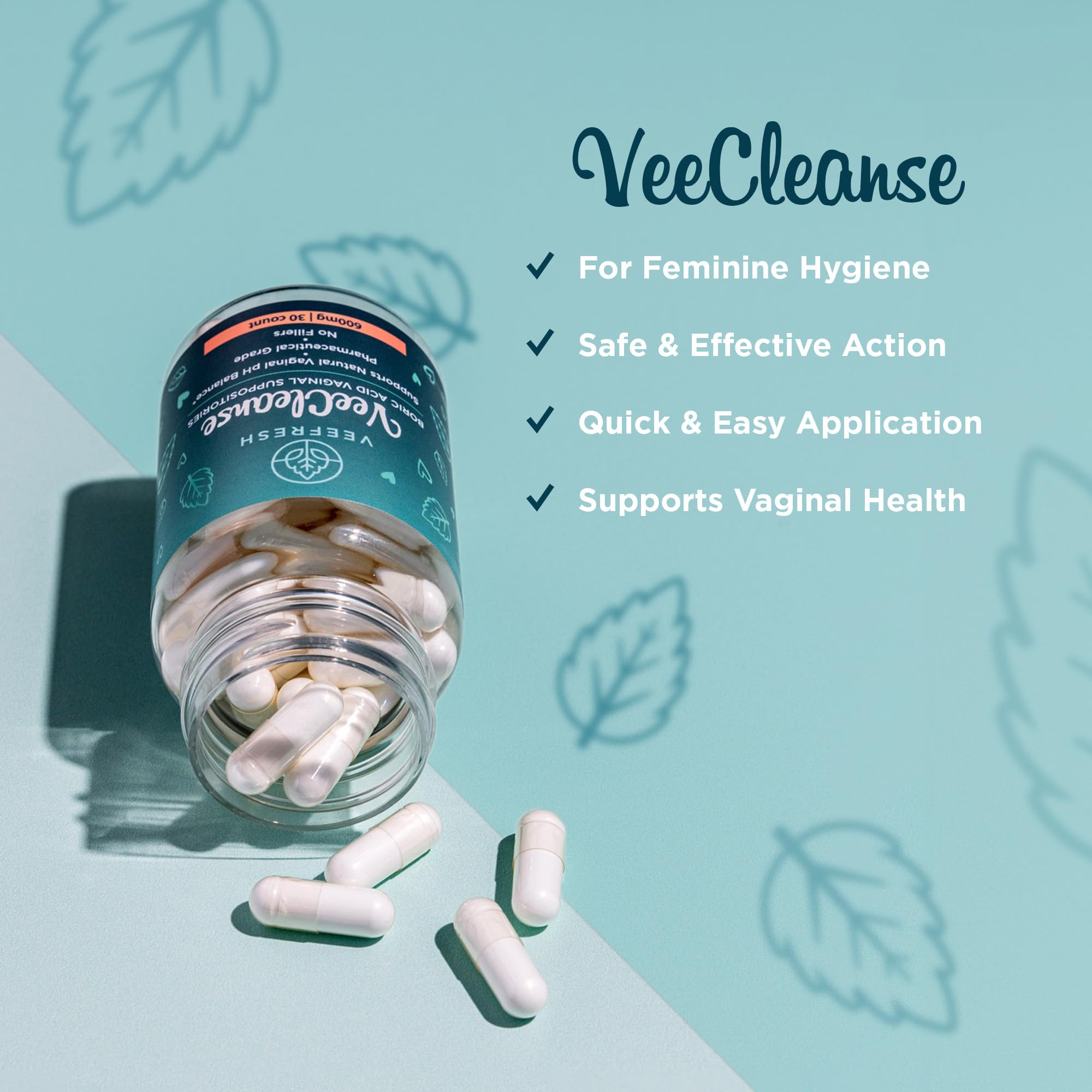 VeeFresh - VeeCleanse Boric Acid Vaginal Suppositories - Vaginal pH Balance Suppositories - Vaginal Odor Control - Feel Fresh, F
