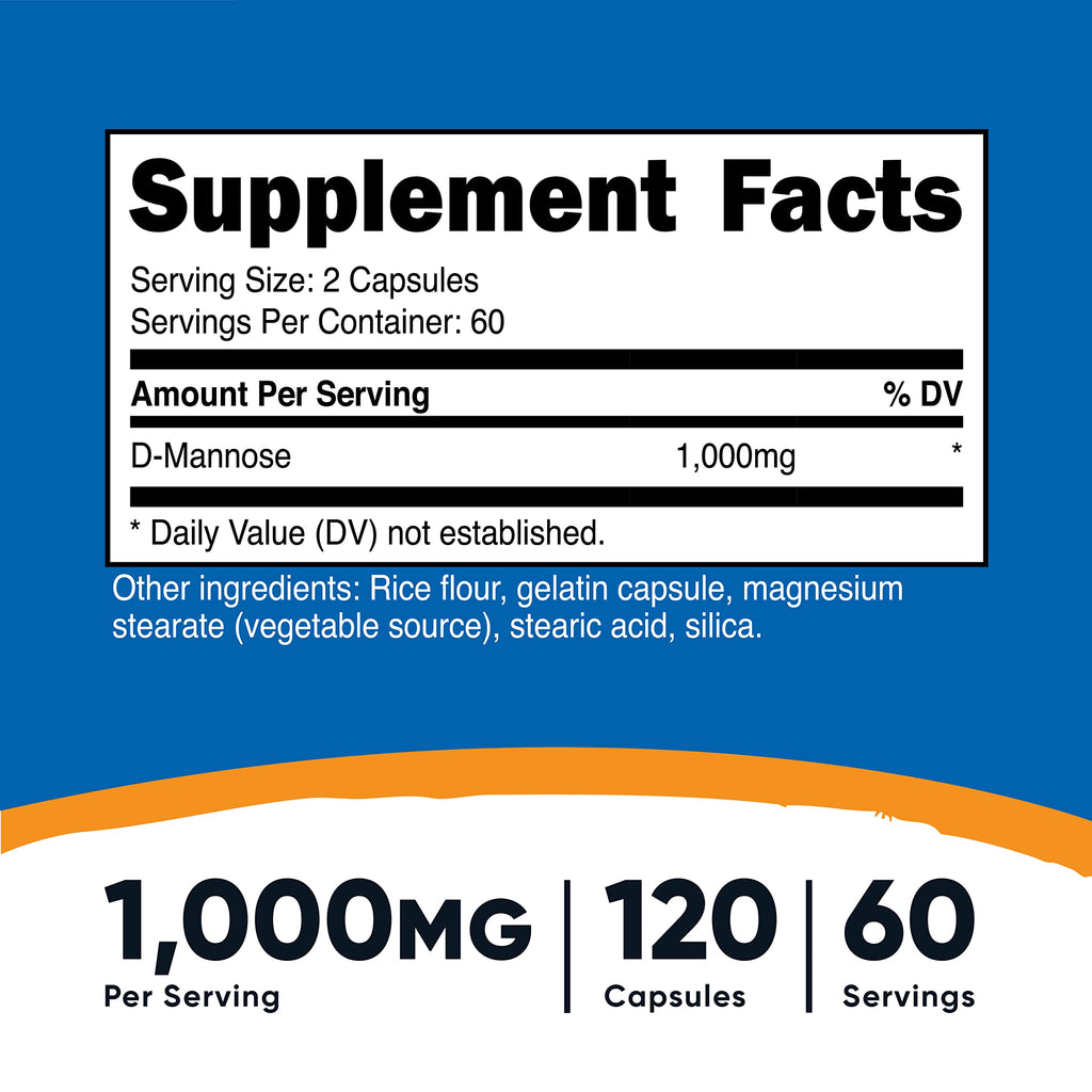 Nutricost D-Mannose 1000mg Per Serving, 120 Capsules - 500mg Per Capsule, Urinary Tract Health, Non-GMO and Gluten Free