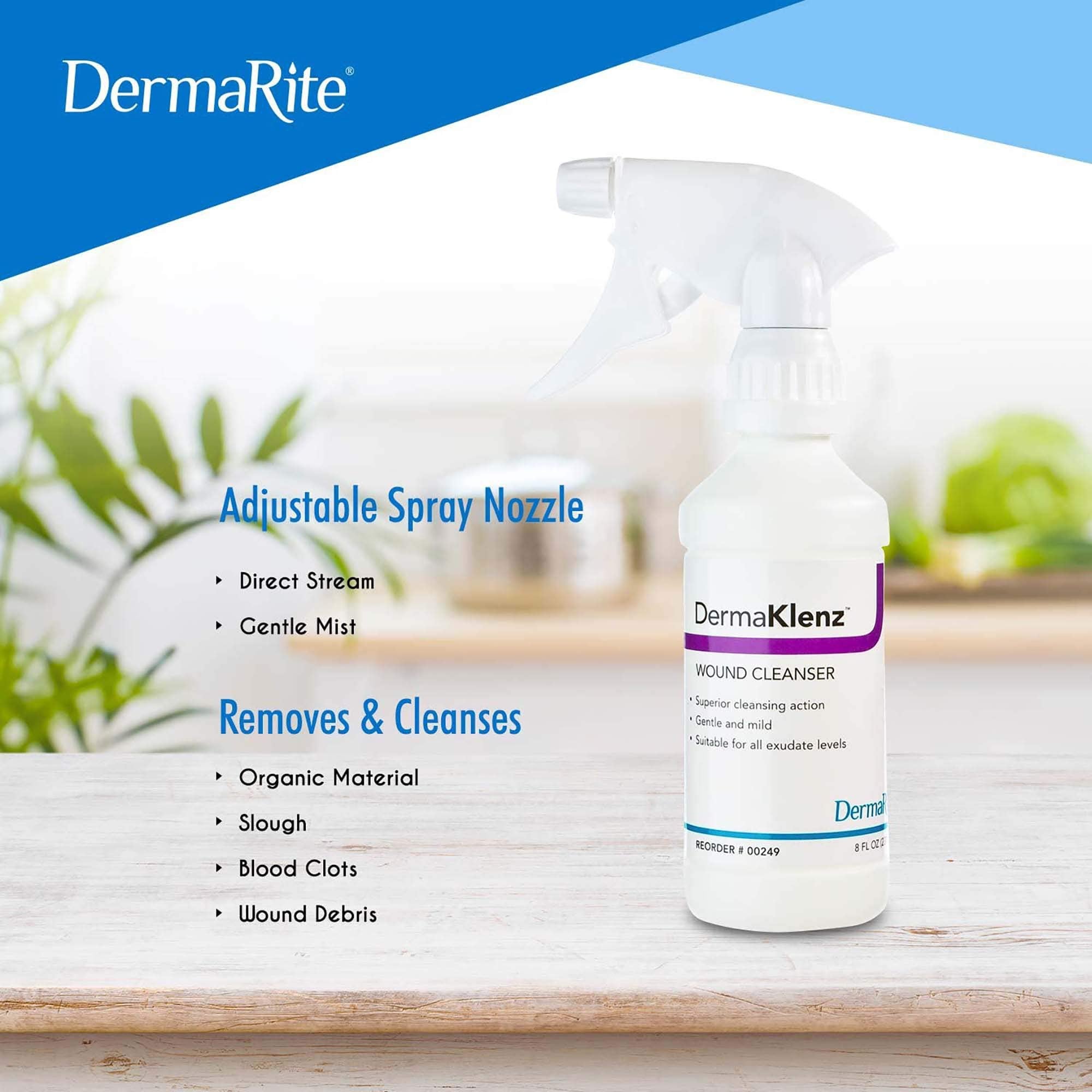 DermaRite's DermaKlenz Wound Cleanser - Rinse-Free Gentle and Mild Cleansing, Helps Clear Wound Debris - Spray Bottle, 8 oz., 1