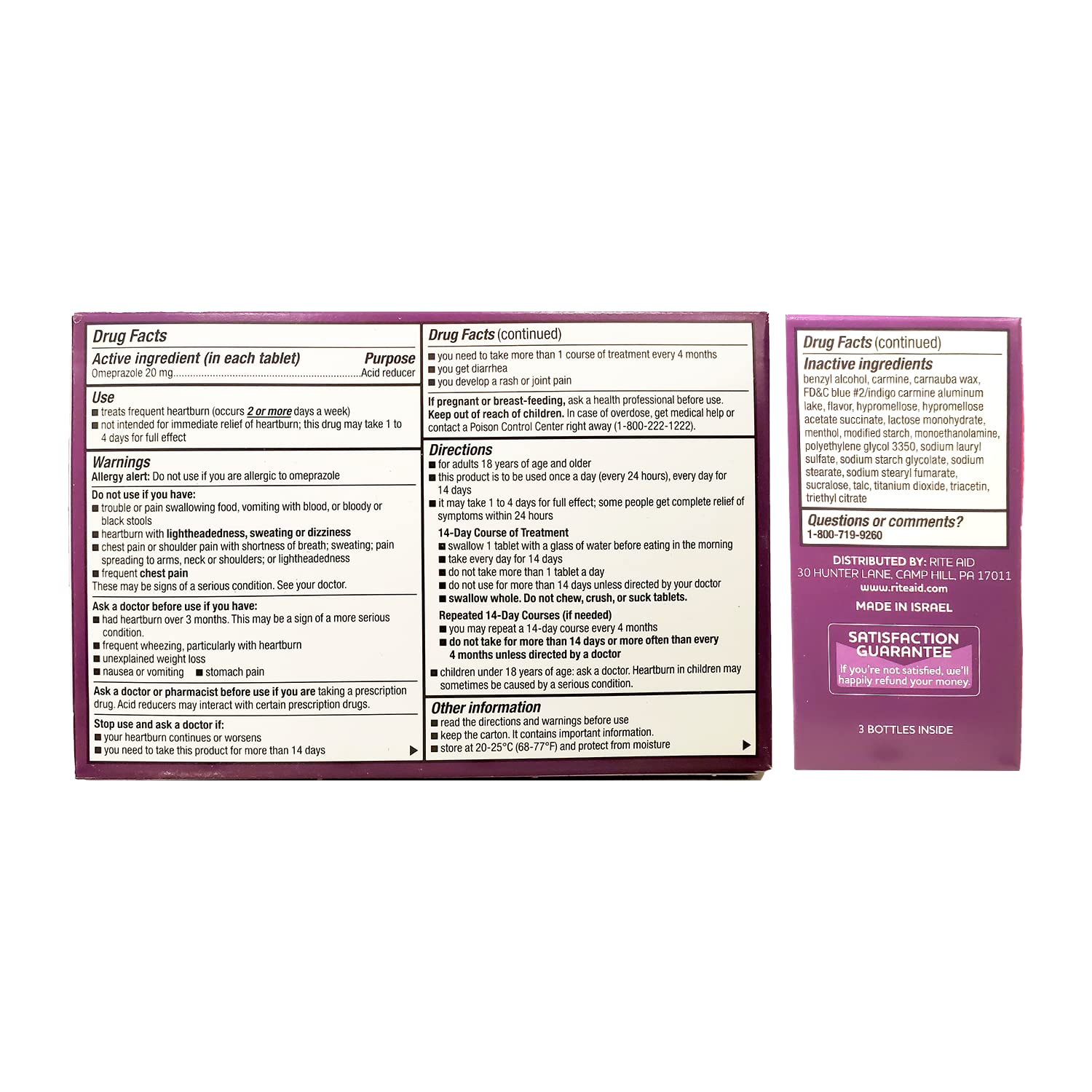 Rite Aid Acid Reducer Omeprazole Delayed Release Tablets - 20 mg, 3 Bottles, 14 Count Each (42 Count Total), Unflavored, Heartbu