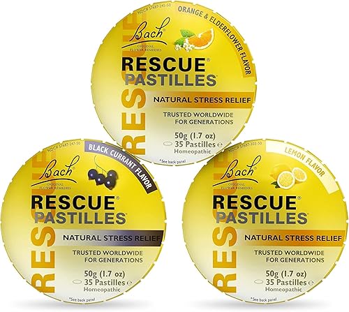 Bach RESCUE PASTILLES Bundle, Orange and Elderflower, Black Currant, and Lemon, Natural Stress Relief Lozenges, Homeopathic Flow