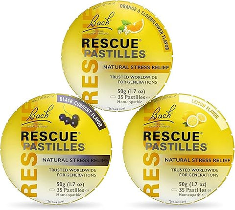 Bach RESCUE PASTILLES Bundle, Orange and Elderflower, Black Currant, and Lemon, Natural Stress Relief Lozenges, Homeopathic Flow