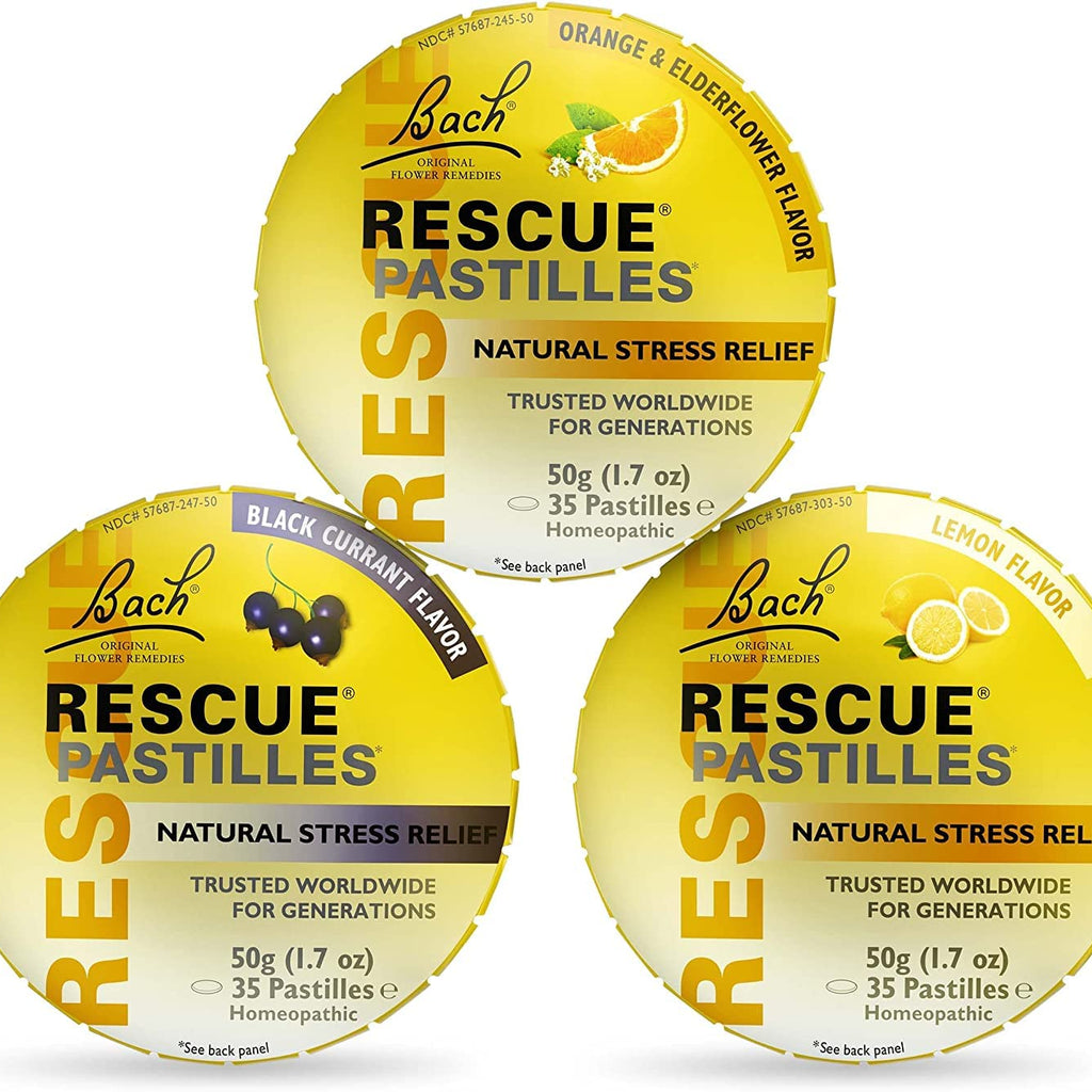 Bach RESCUE PASTILLES Bundle, Orange and Elderflower, Black Currant, and Lemon, Natural Stress Relief Lozenges, Homeopathic Flow