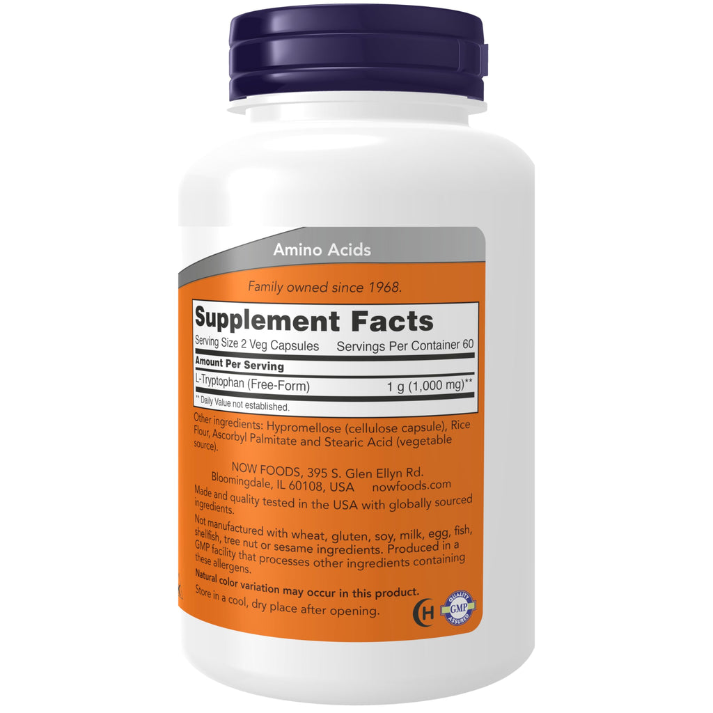 NOW Supplements, L-Tryptophan 500 mg, Encourages Positive Mood*, Supports Relaxation*, 120 Veg Capsules