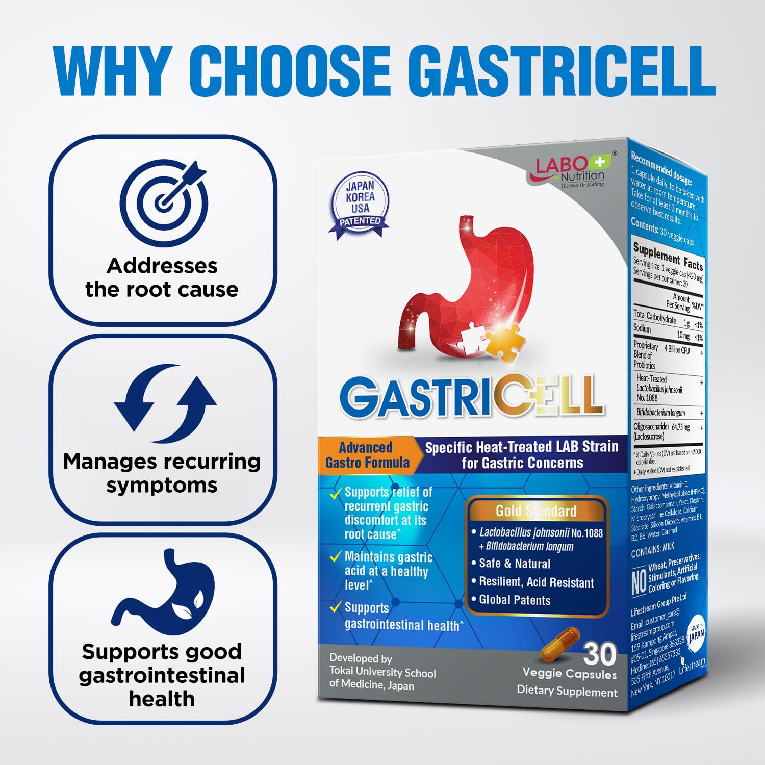 LABO Nutrition GASTRICELL - Acid Reflux, Heartburn, Recurring Gastric Discomfort, Natural Defence Against Gastric Distress 30 Ca