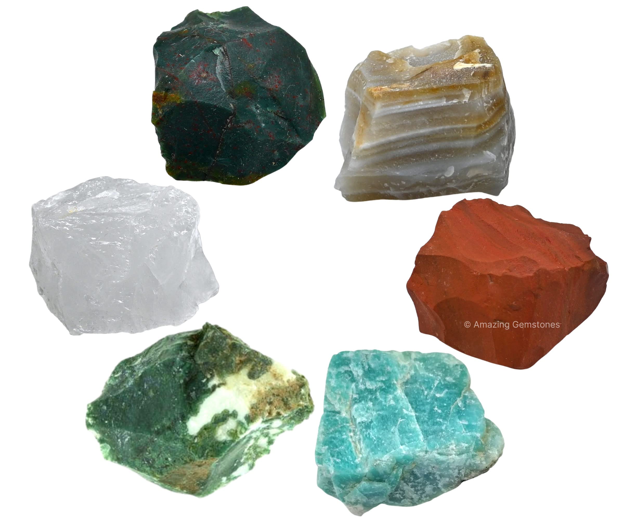 Crystals for Pain Relief Manifestation, Set of 6 Blood Stone, Amazonite, Clear Quartz, Red Jasper, Lace Agate and Moss Agate Hea