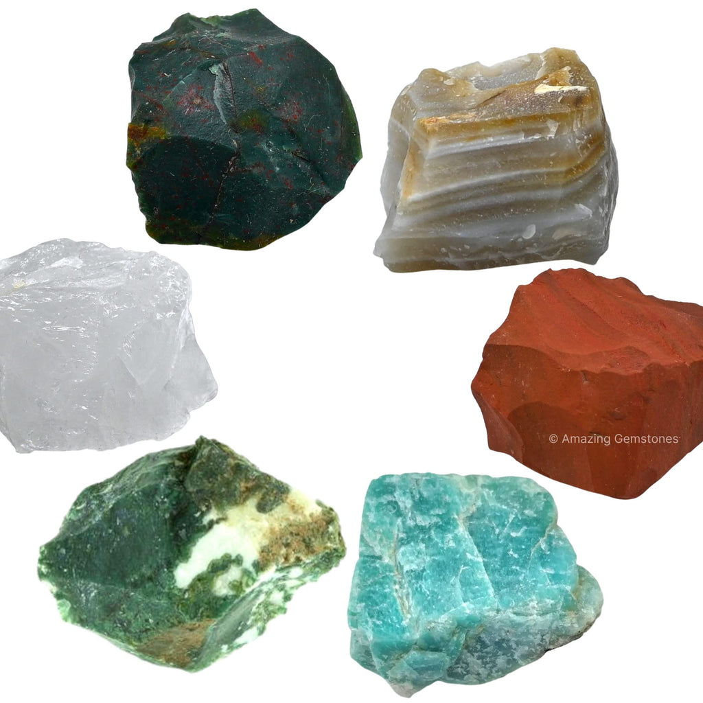 Crystals for Pain Relief Manifestation, Set of 6 Blood Stone, Amazonite, Clear Quartz, Red Jasper, Lace Agate and Moss Agate Hea