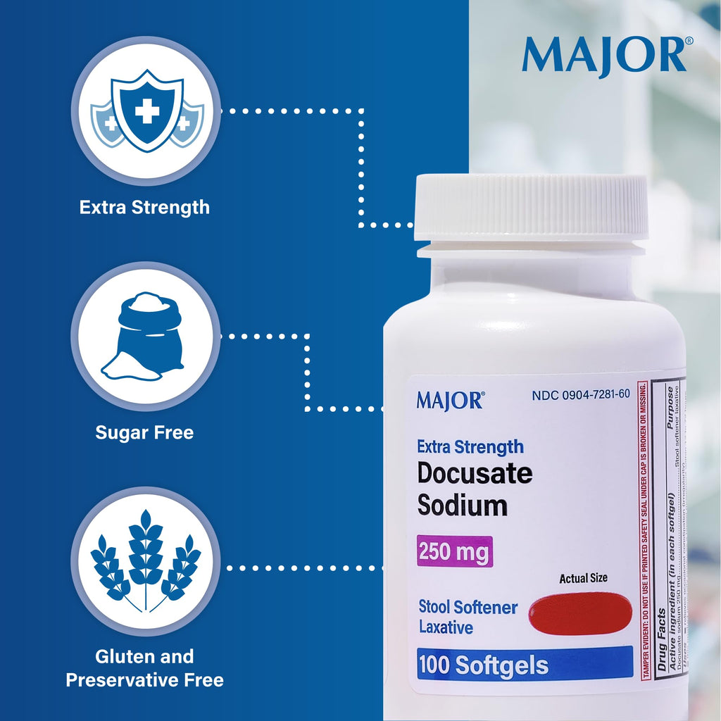 Major Docusate Sodium 250 mg - Extra Strength Stool Softener Laxative Softgels for Constipation Relief - Gentle Stool Softeners