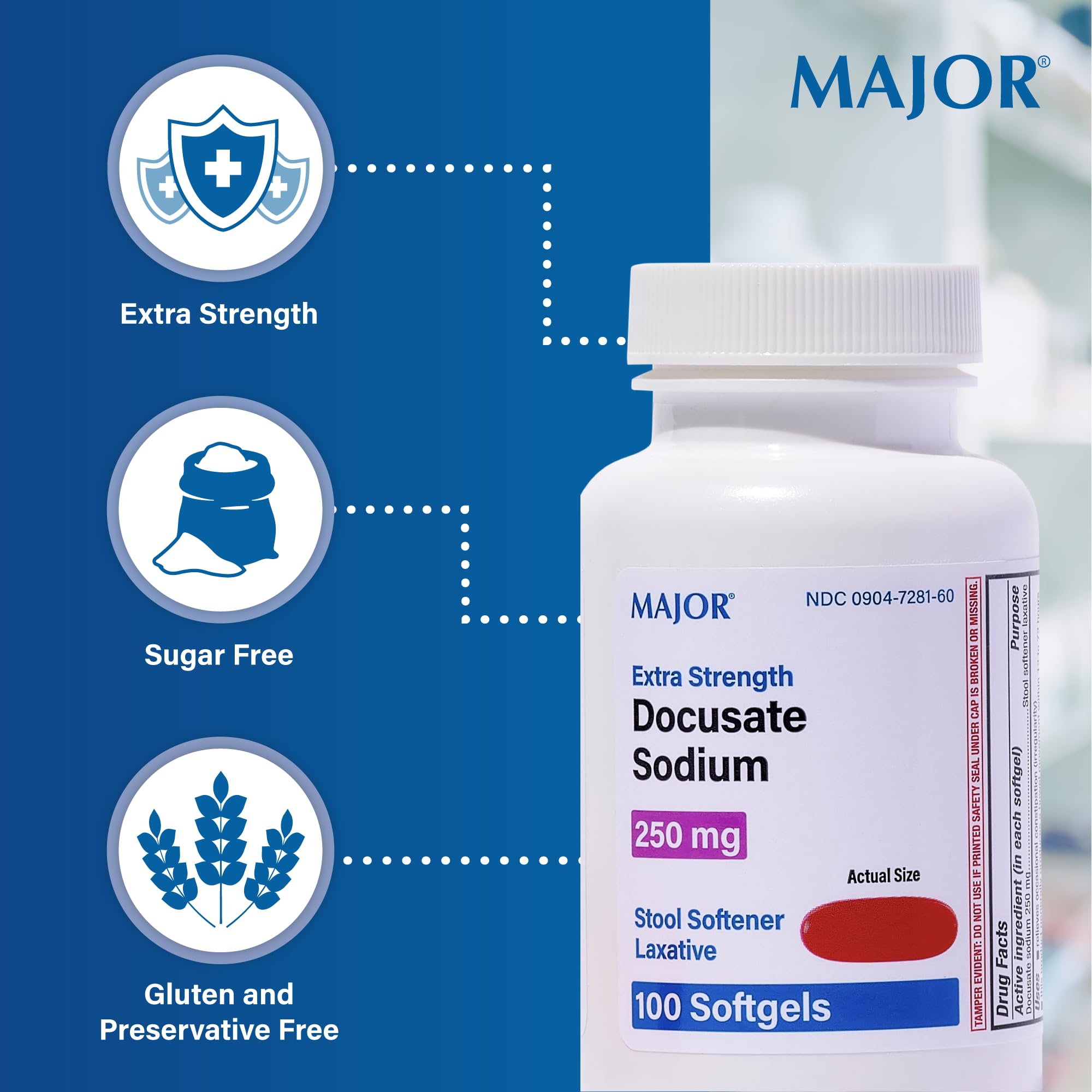 Major Docusate Sodium 250 mg - Extra Strength Stool Softener Laxative Softgels for Constipation Relief - Gentle Stool Softeners