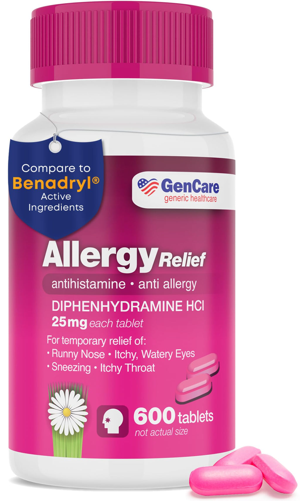 GenCare - Allergy Relief Medicine | Antihistamine Diphenhydramine 25mg (600 Tablets Per Bottle) Value Pack | Relieve for Itchy E