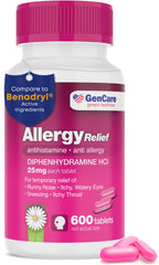 GenCare - Allergy Relief Medicine | Antihistamine Diphenhydramine 25mg (600 Tablets Per Bottle) Value Pack | Relieve for Itchy E