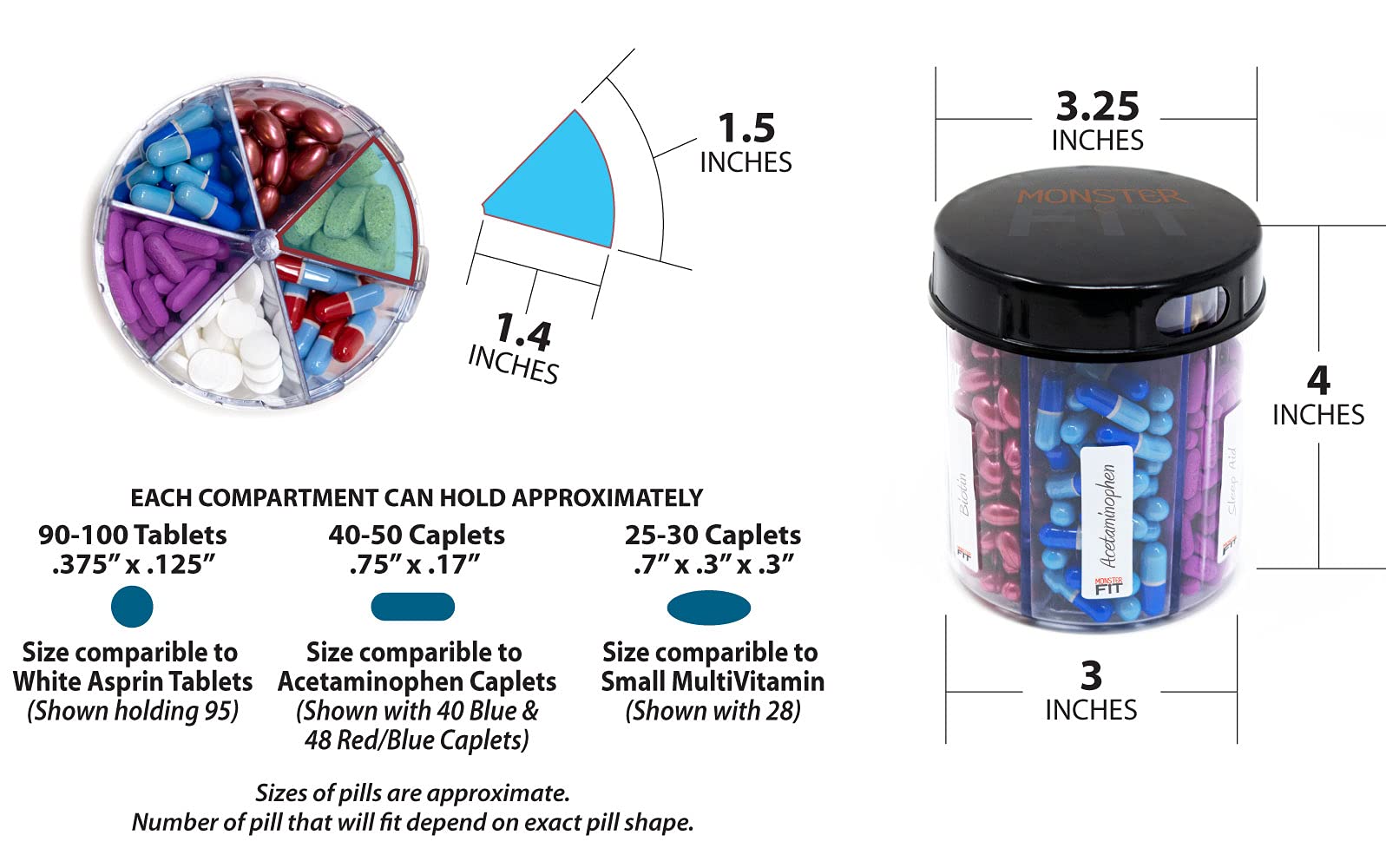 Monster Jr Supplement Pill Dispenser - Holds Small Medium Medication Vitamins and Easily Dispense from One Container Includes Co