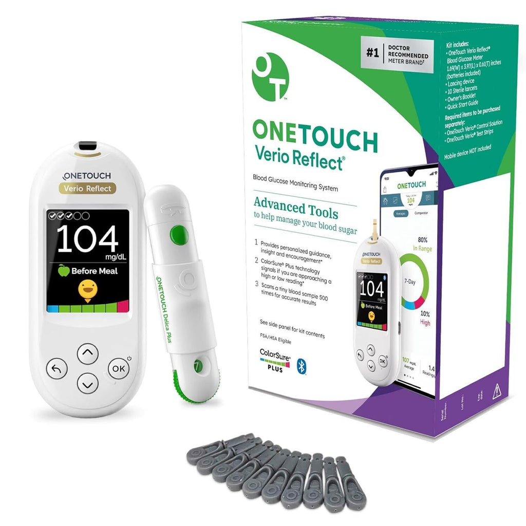 OneTouch Verio Reflect Blood Glucose Meter | Blood Glucose Monitoring System Includes Blood Sugar Meter, Lancing Device and 10 S