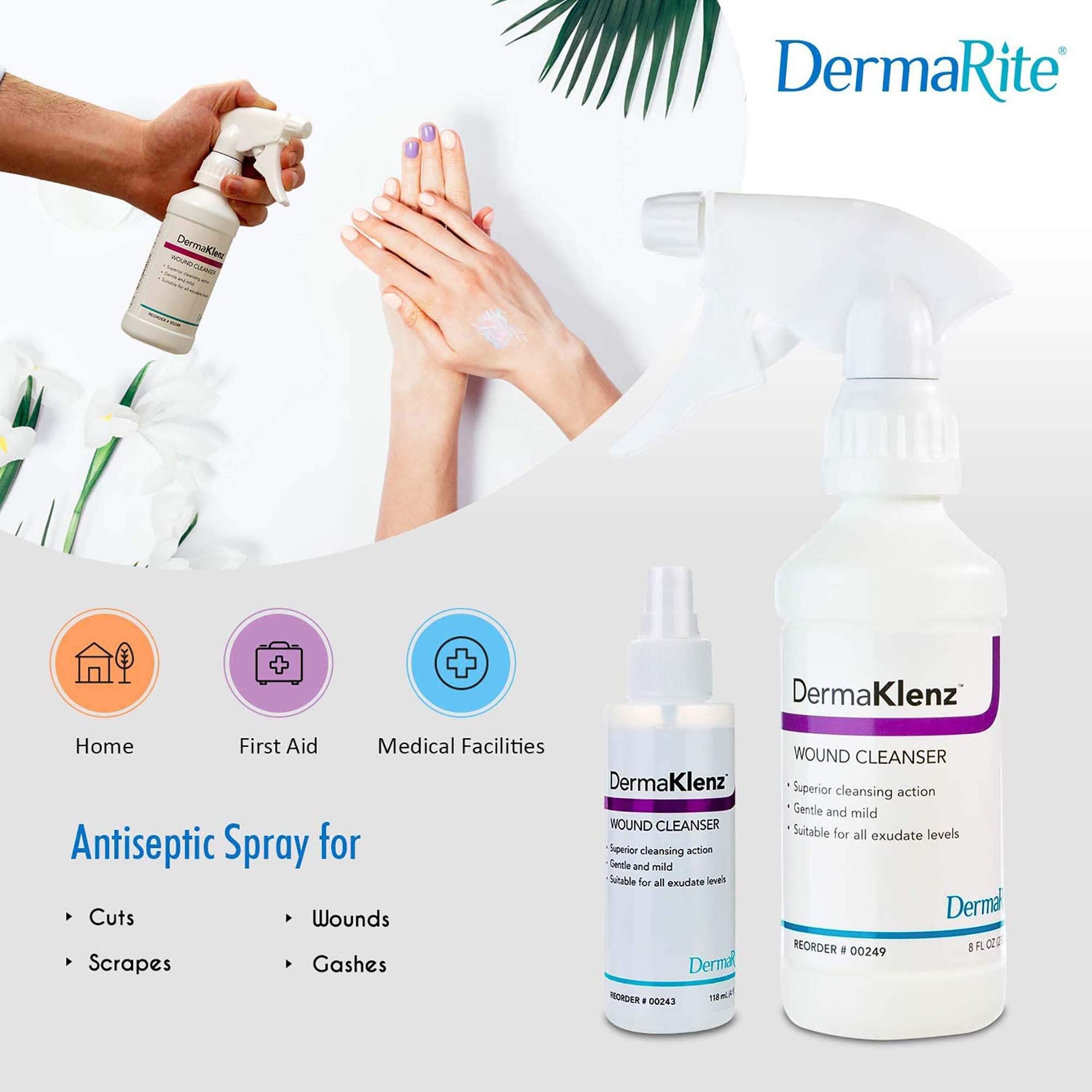 DermaRite's DermaKlenz Wound Cleanser - Rinse-Free Gentle and Mild Cleansing, Helps Clear Wound Debris - Spray Bottle, 8 oz., 1