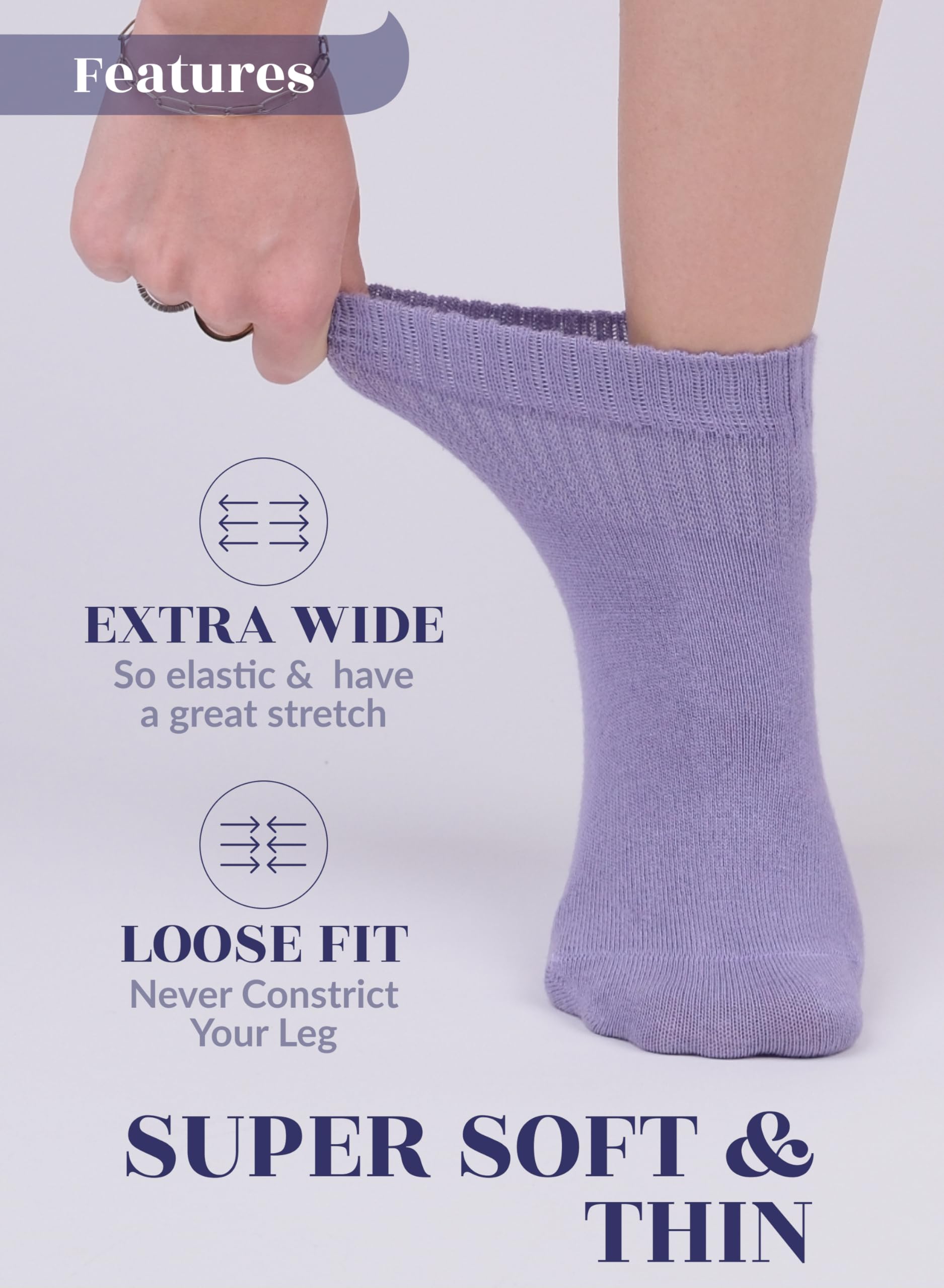Hugh Ugoli Women Diabetic Ankle Socks, Super Soft & Thin Bamboo Socks, Wide & Loose, Non-Binding Top & Seamless Toe, 4 Pairs, As