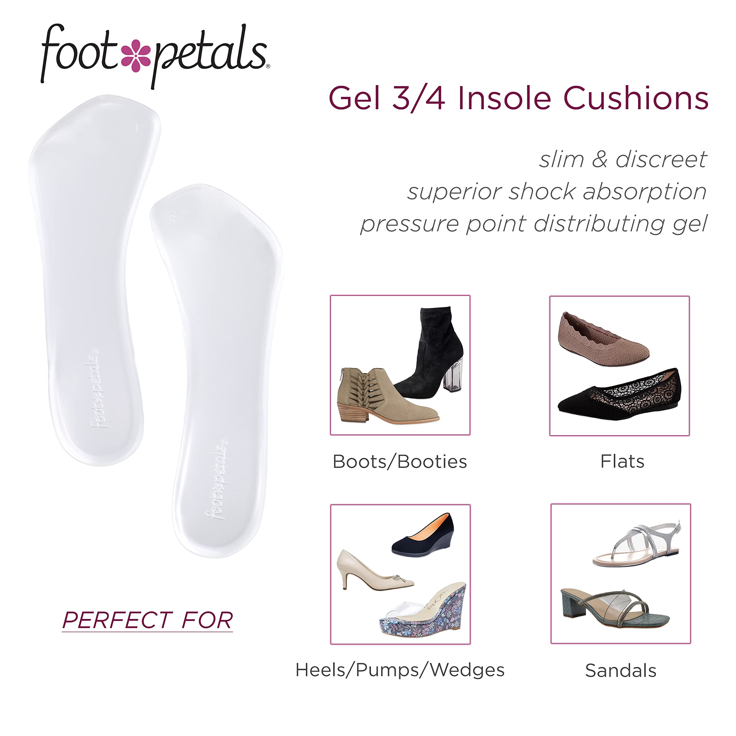 Foot Petals 3/4 Insole Cushions, Prevent Feet From Sliding Forward, Callus Prevention, Womens Heels, Wedges, Sandals, 1 pair, G