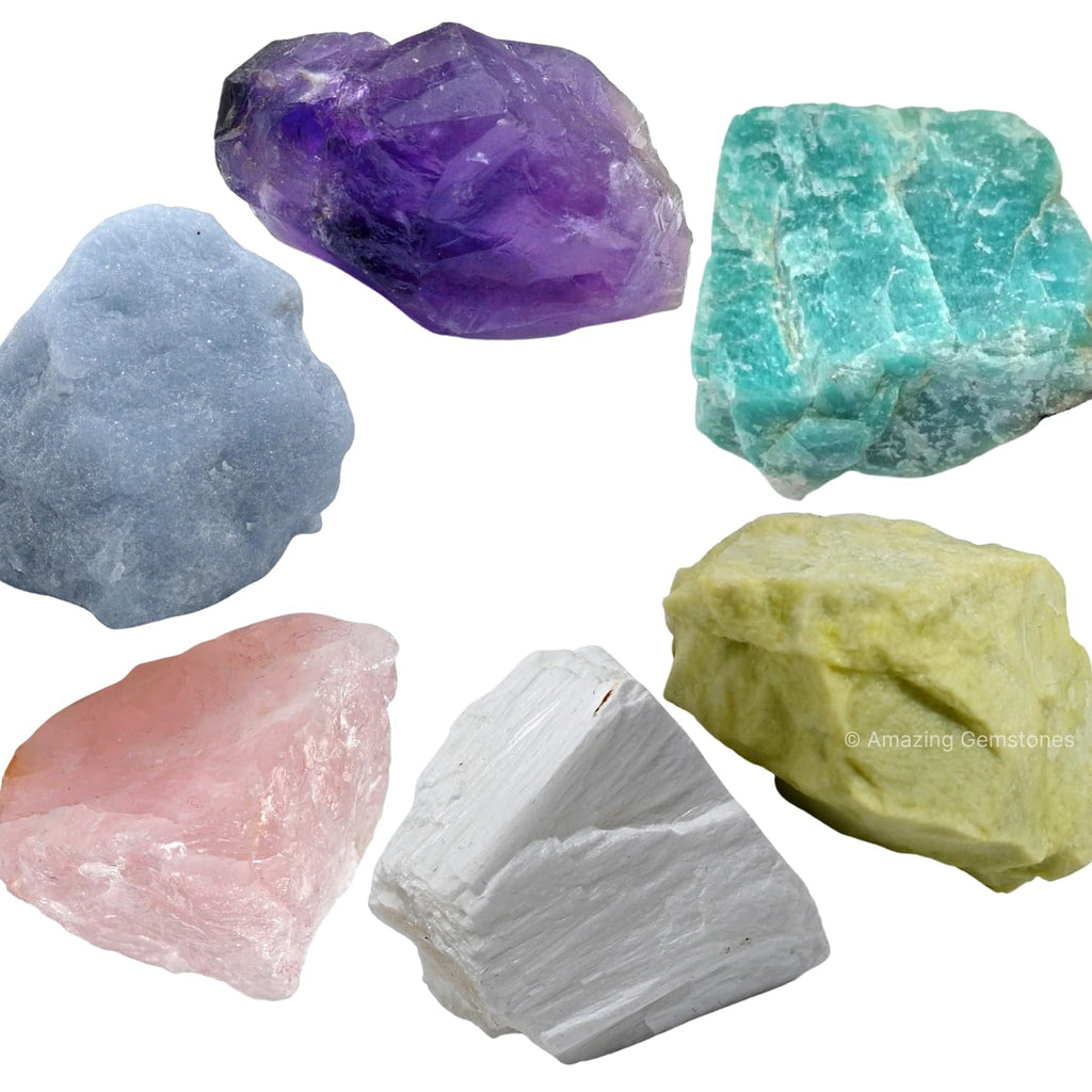 Healing Crystals for Headaches and Migraine, Set of 6 Amethyst, Angelite, Amazonite, Rose Quartz, Scolecite and Serpentine Heali
