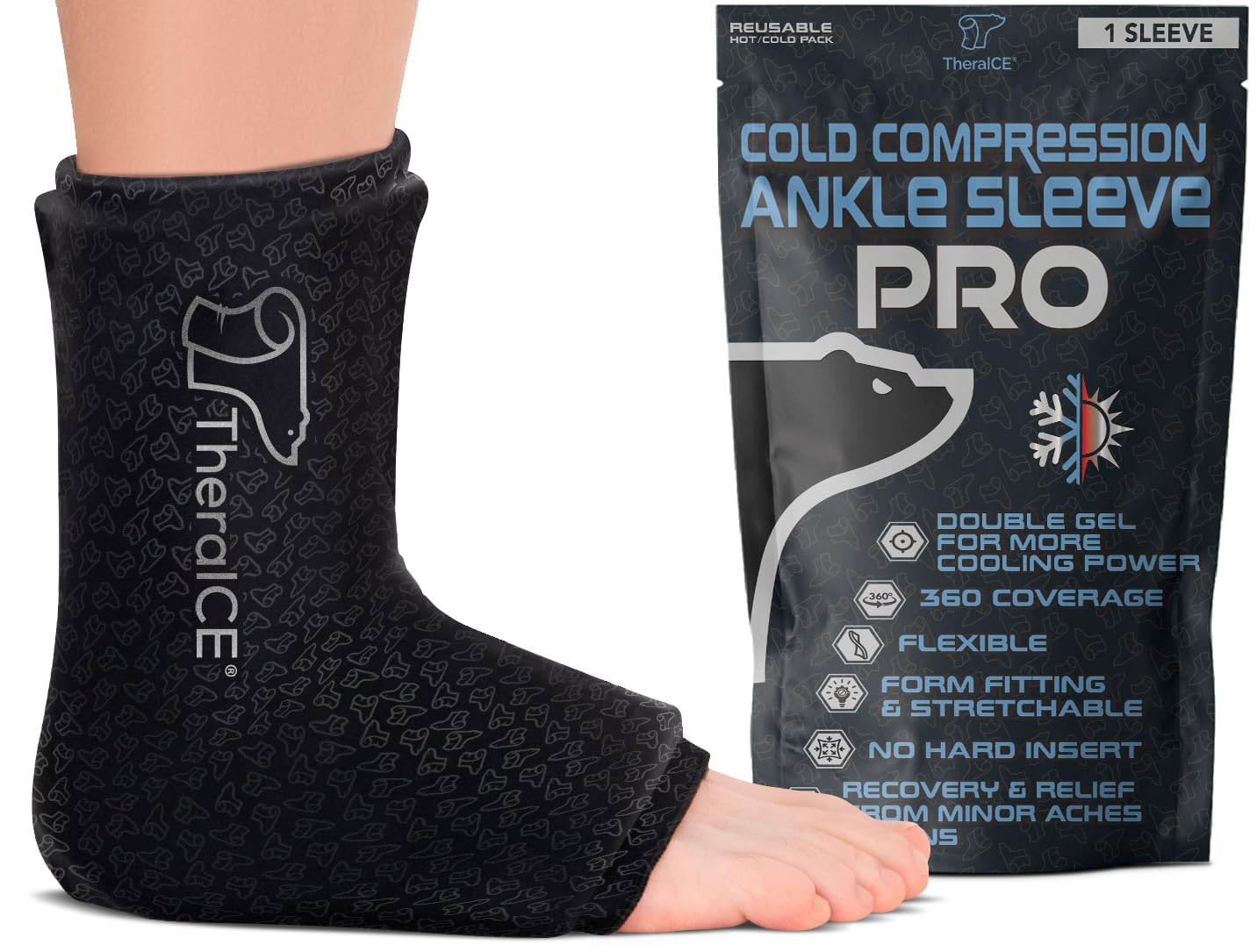 TheraICE Ankle Ice Pack Wrap PRO for Swelling & Sprained Ankle Brace for Women & Men, Cold Therapy Support Compression Socks, Pl