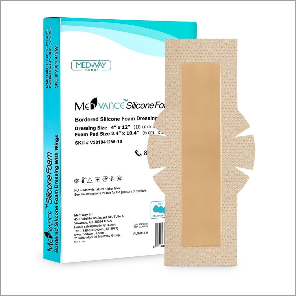 MedVanceTM Silicone - Bordered Silicone Adhesive Foam Dressing (4x12 w/Wings, 10 Count)
