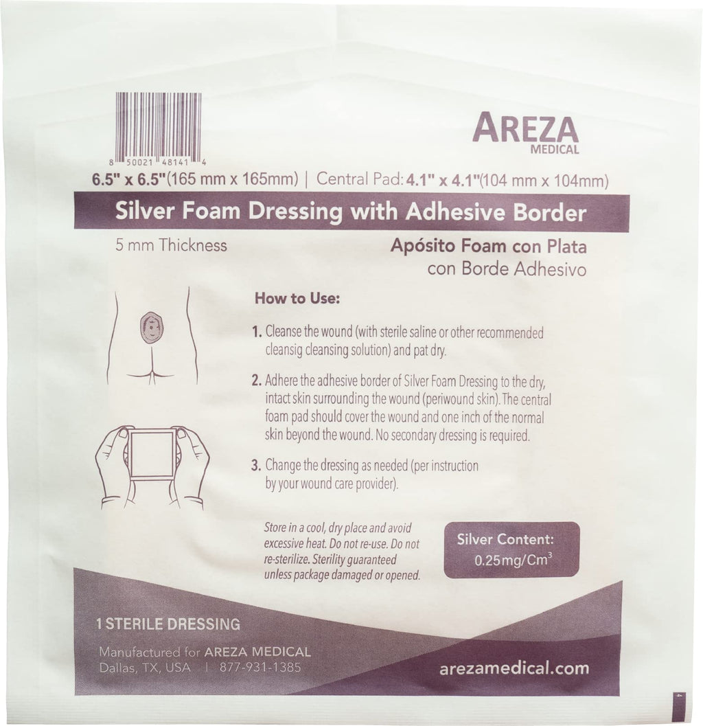 Areza Medical - Silver Foam Wound Dressing Pad - Sterile - 6.5 X 6.5 (16.5 cm X 16.5 cm) - Adhesive Border - 5 PCS per Box - FSA