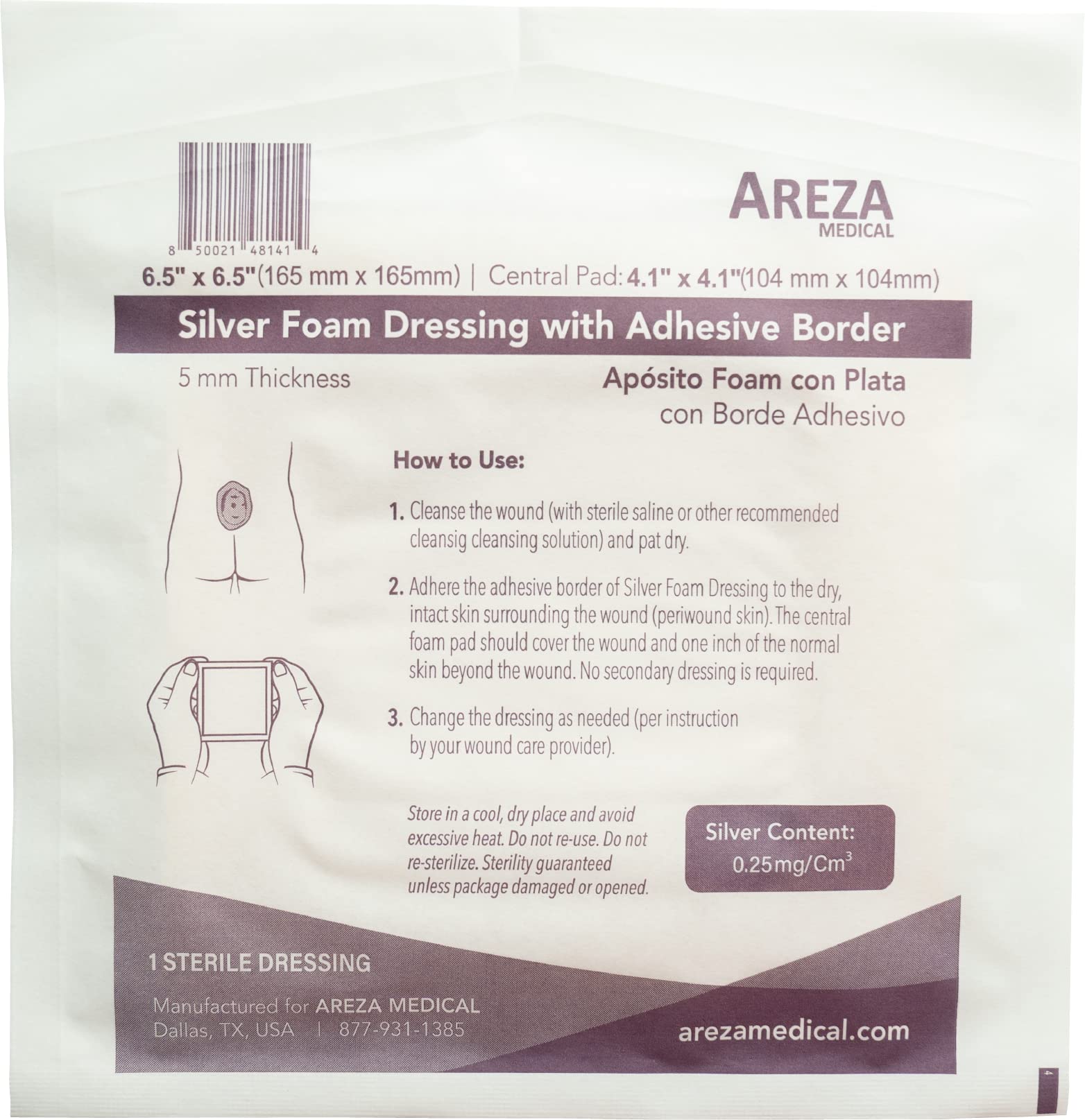 Areza Medical - Silver Foam Wound Dressing Pad - Sterile - 6.5 X 6.5 (16.5 cm X 16.5 cm) - Adhesive Border - 5 PCS per Box - FSA