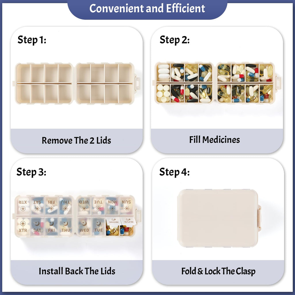 Foldable & Portable Pill Organizer 2 Times A Day with Extra Compartments - Etched Labels - Weekly 7 Day AM PM Medicine Box, Week