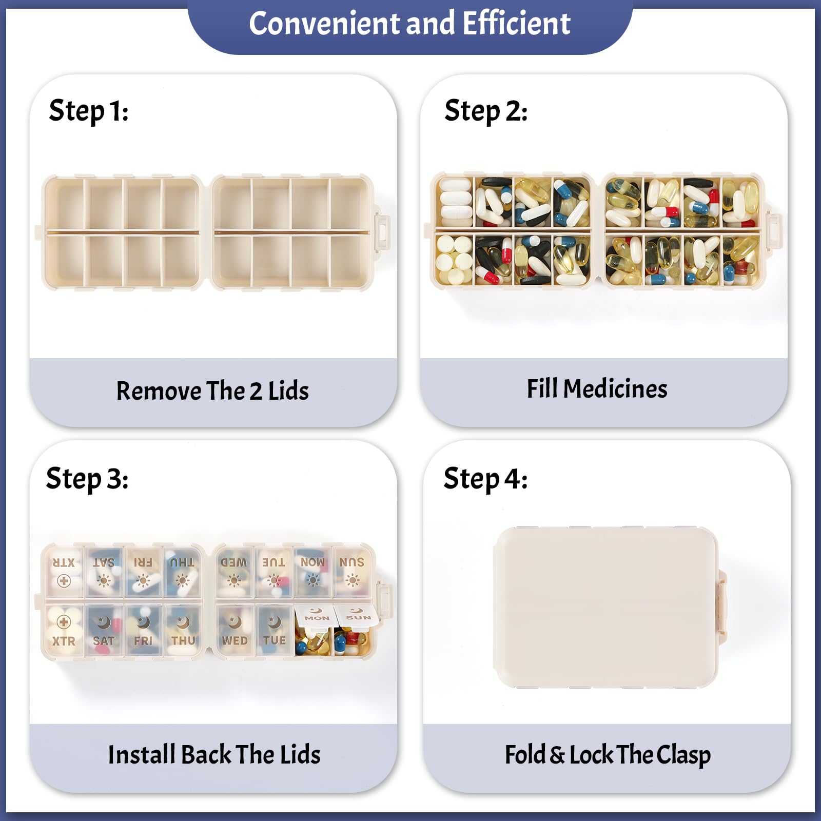 Foldable & Portable Pill Organizer 2 Times A Day with Extra Compartments - Etched Labels - Weekly 7 Day AM PM Medicine Box, Week