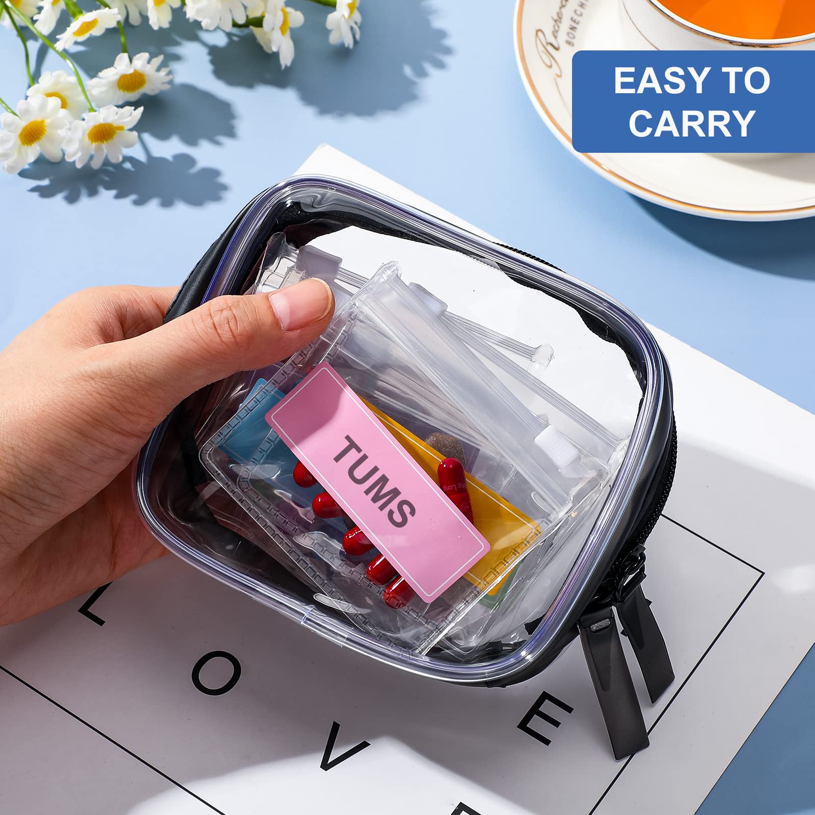 Meanplan 26 Pcs Pill Pouches Reusable Clear Zippered Pill Bag, Transparent PVC Toiletry Carry Pouch, 180 Pcs Waterproof Labels S