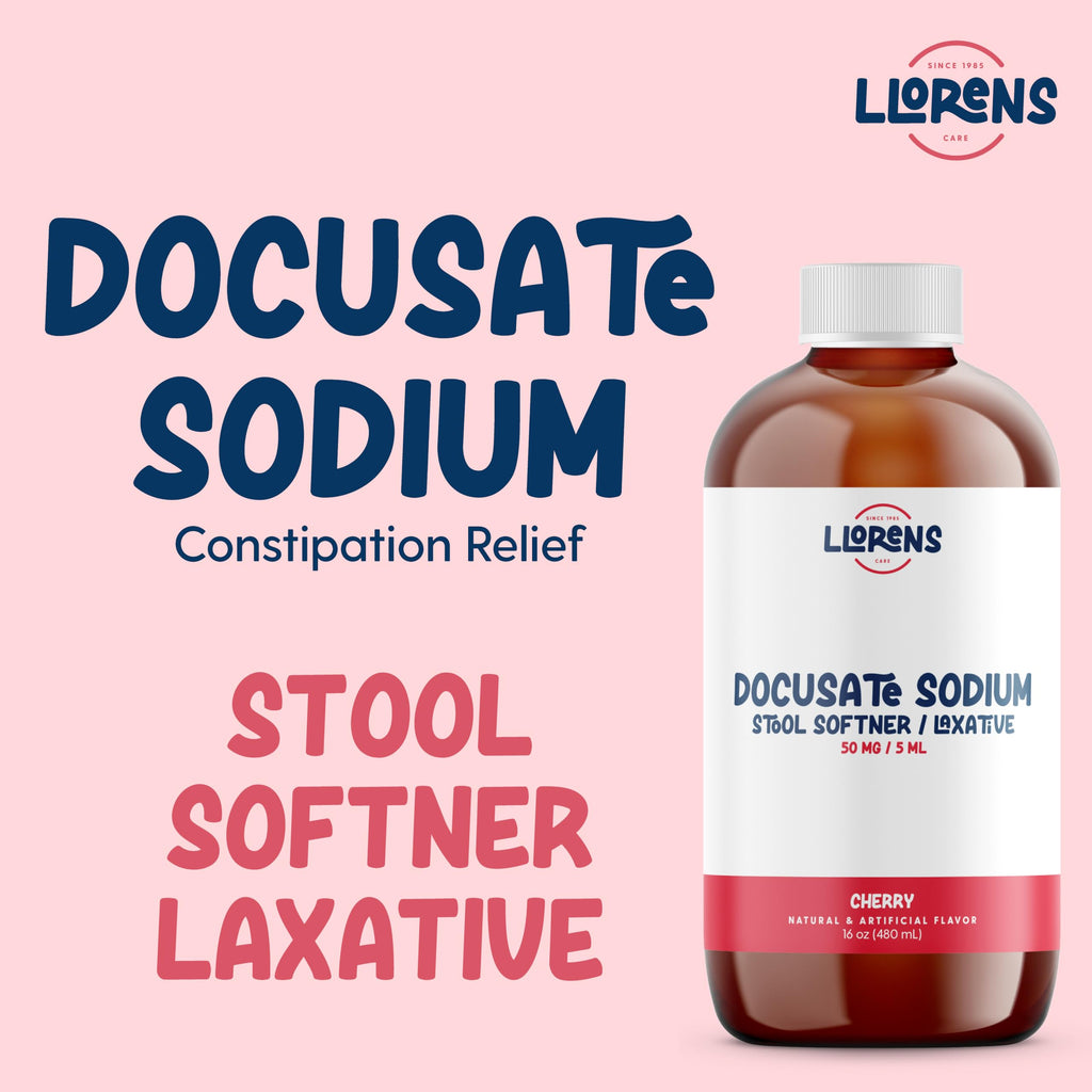 Docusate Sodium, Stool Softener by Llorens Care 50 mg. 5 mL per dose. Alleviate Constipation & Provide Relief. Compared to Senok