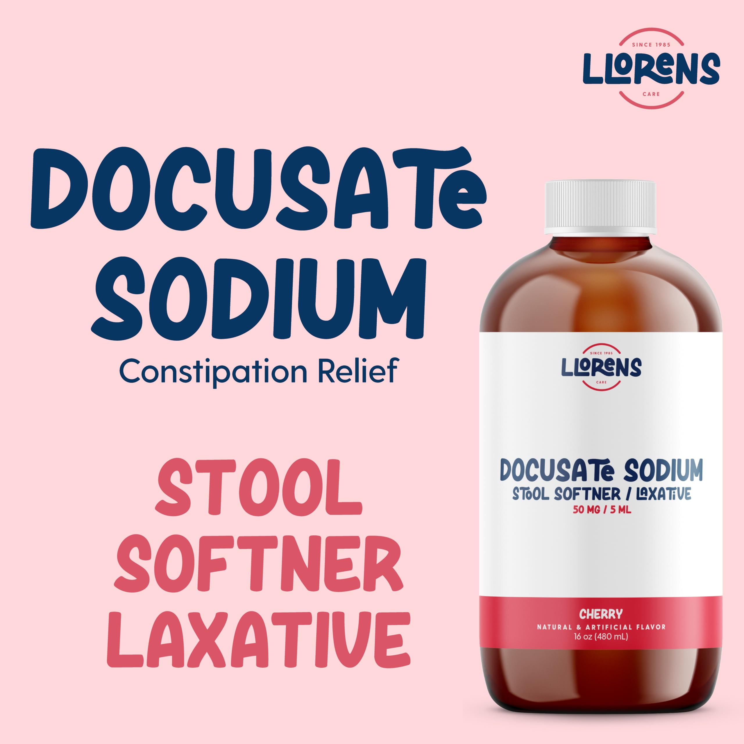 Docusate Sodium, Stool Softener by Llorens Care 50 mg. 5 mL per dose. Alleviate Constipation & Provide Relief. Compared to Senok