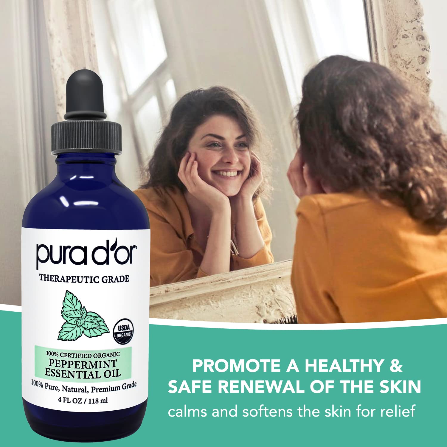 PURA DOR Organic Peppermint Essential Oil (4oz with Glass Dropper) 100% Pure & Natural Therapeutic Grade - Hair, Body, Skin, Ar