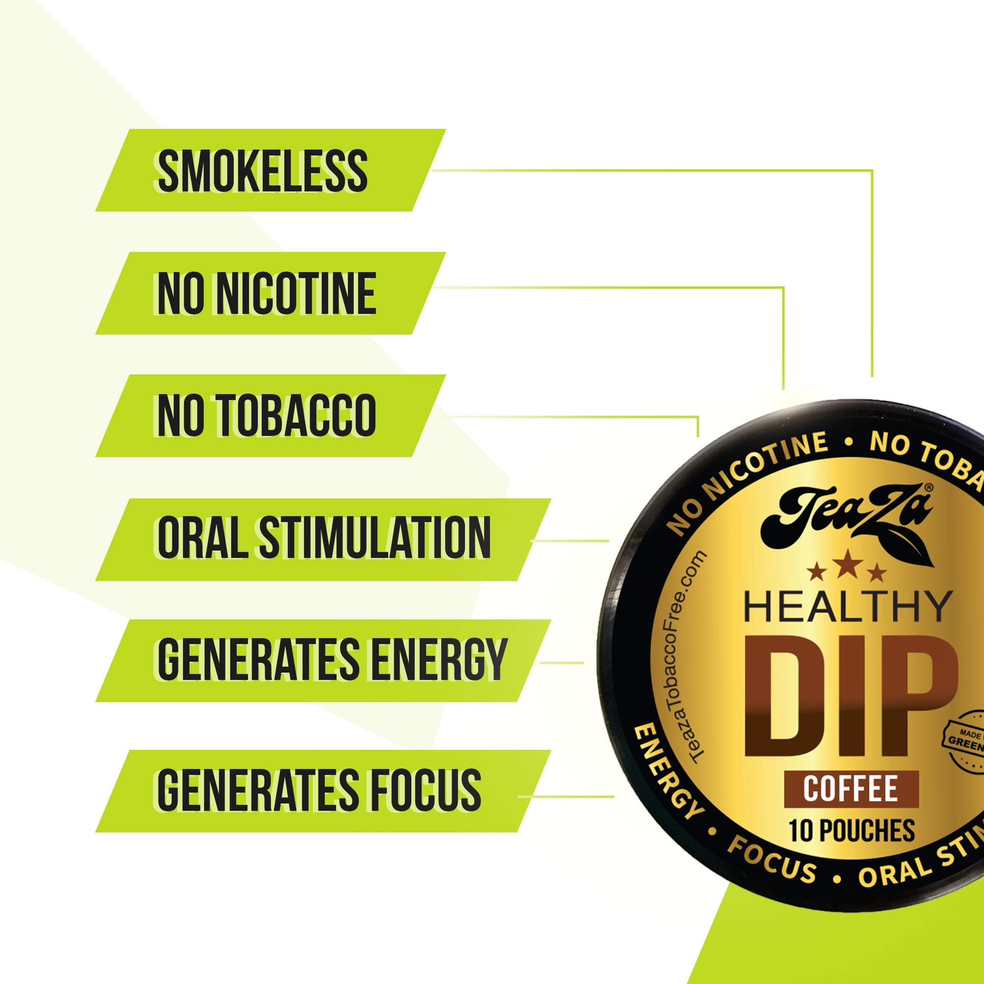 TeaZA Herbal Dip Coffee Pouches -Nicotine Free, Tobacco Free - Made with Green Tea Caffeine Energy Pouches (8 Pack)