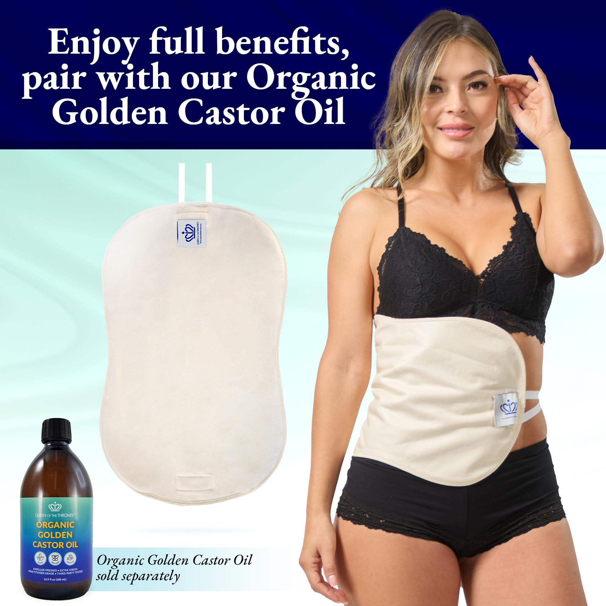QUEEN OF THE THRONES Castor Oil Pack for Liver (compress) - Heatless, Less-Mess, Reusable - Organic Cotton Flannel, Comfort Fit,