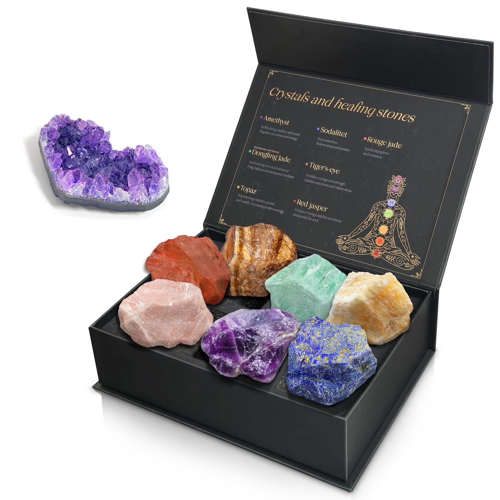Chakra Stones Set with Crystal Cluster, (2-2.5 inch) Large Crystals and Healing Stones - Real Raw Healing Crystals and Stones Po