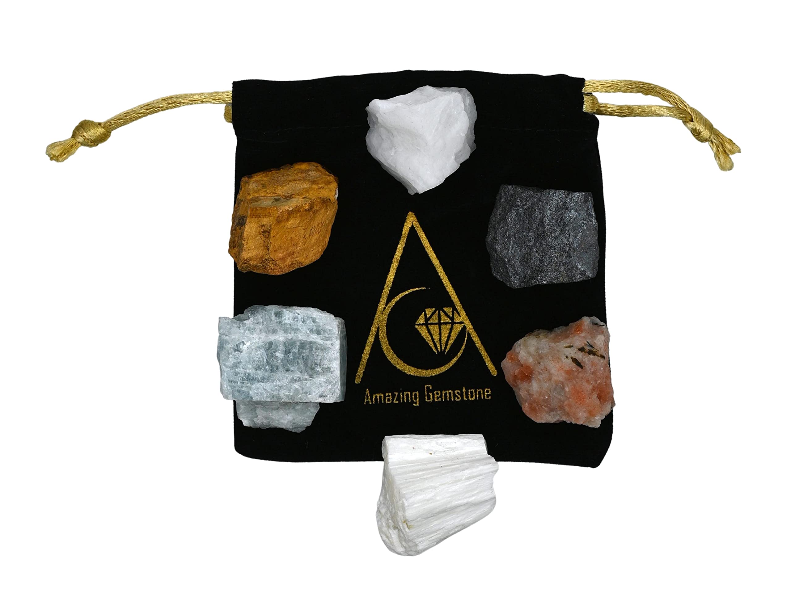 Crystals for Children, Set of 6 Tiger Eye, Aquamarine, Snow Quartz, Hematite, Scolecite and Sunstone Healing Crystals and Stones