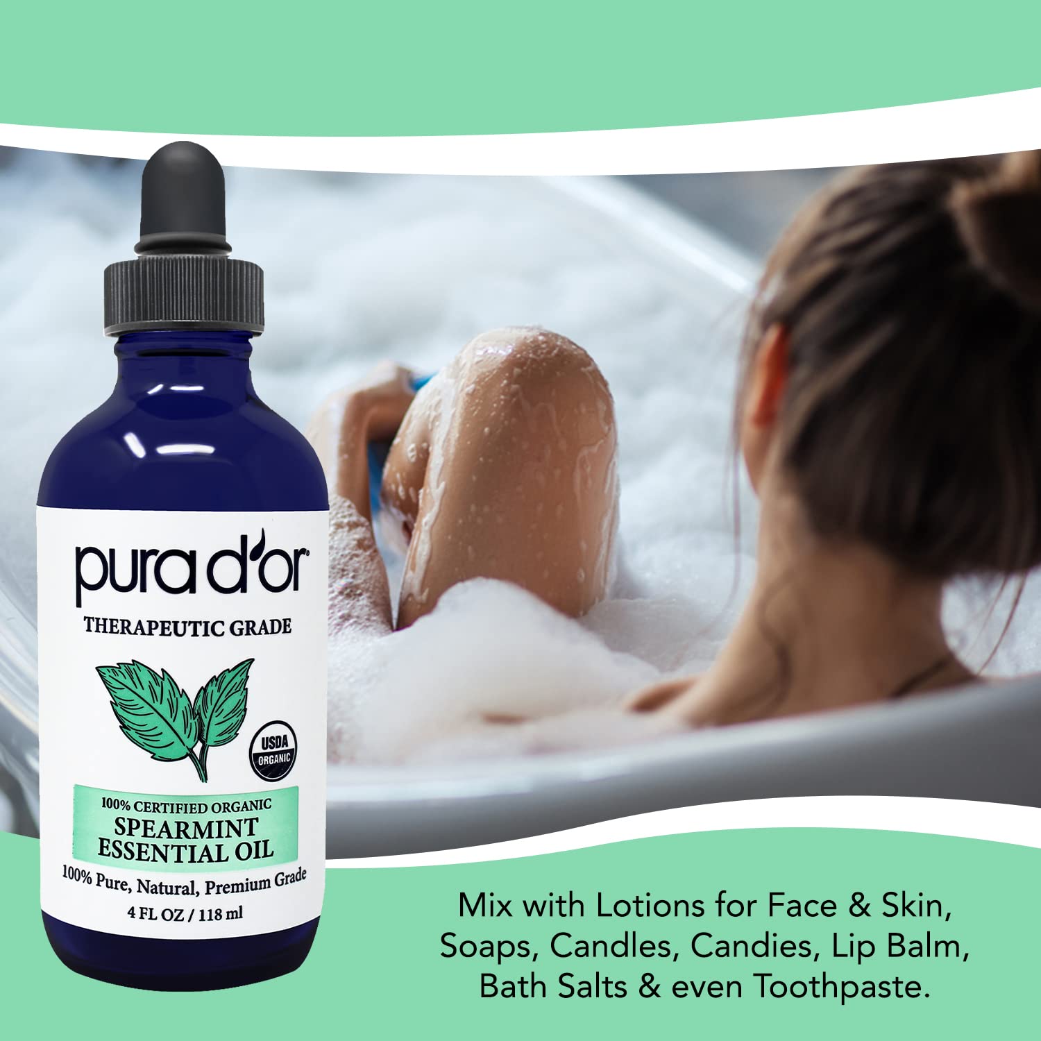 PURA DOR Organic Spearmint Essential Oil (4oz with Glass Dropper) USDA Certified 100% Pure & Natural Therapeutic Grade Diffuser