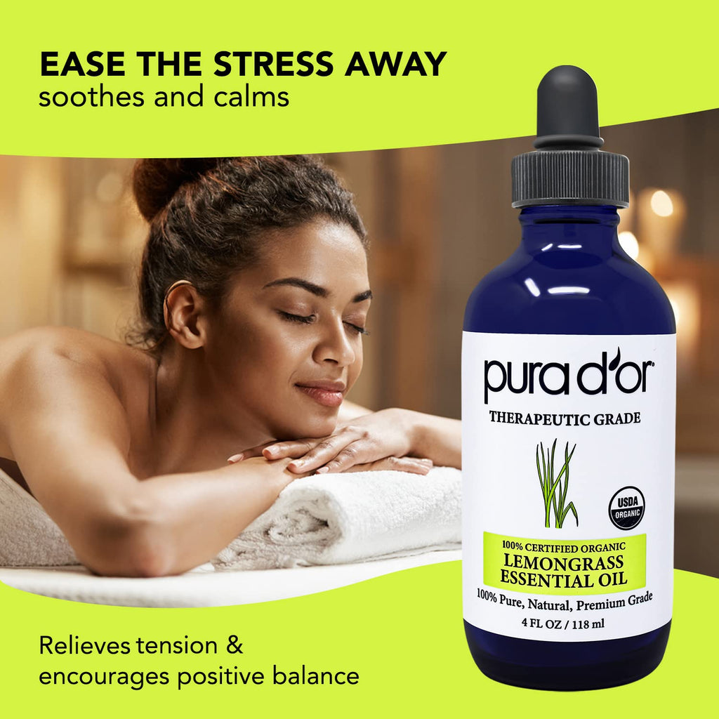 PURA DOR Organic Lemongrass Essential Oil, 4oz, Therapeutic Grade, for Hair, Body, Skin, Aromatherapy, Relaxation, Massage, Vit