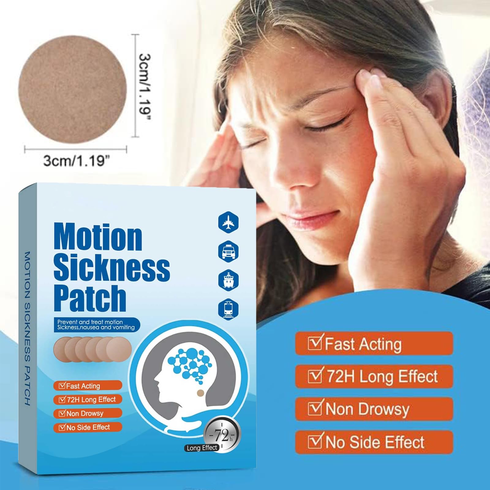 40PCS Motion Sickness Patches, Anti Nausea Sea Sickness Patch for Cruise, No Side Effects for Car and Boat Rides, Ships, Cruise