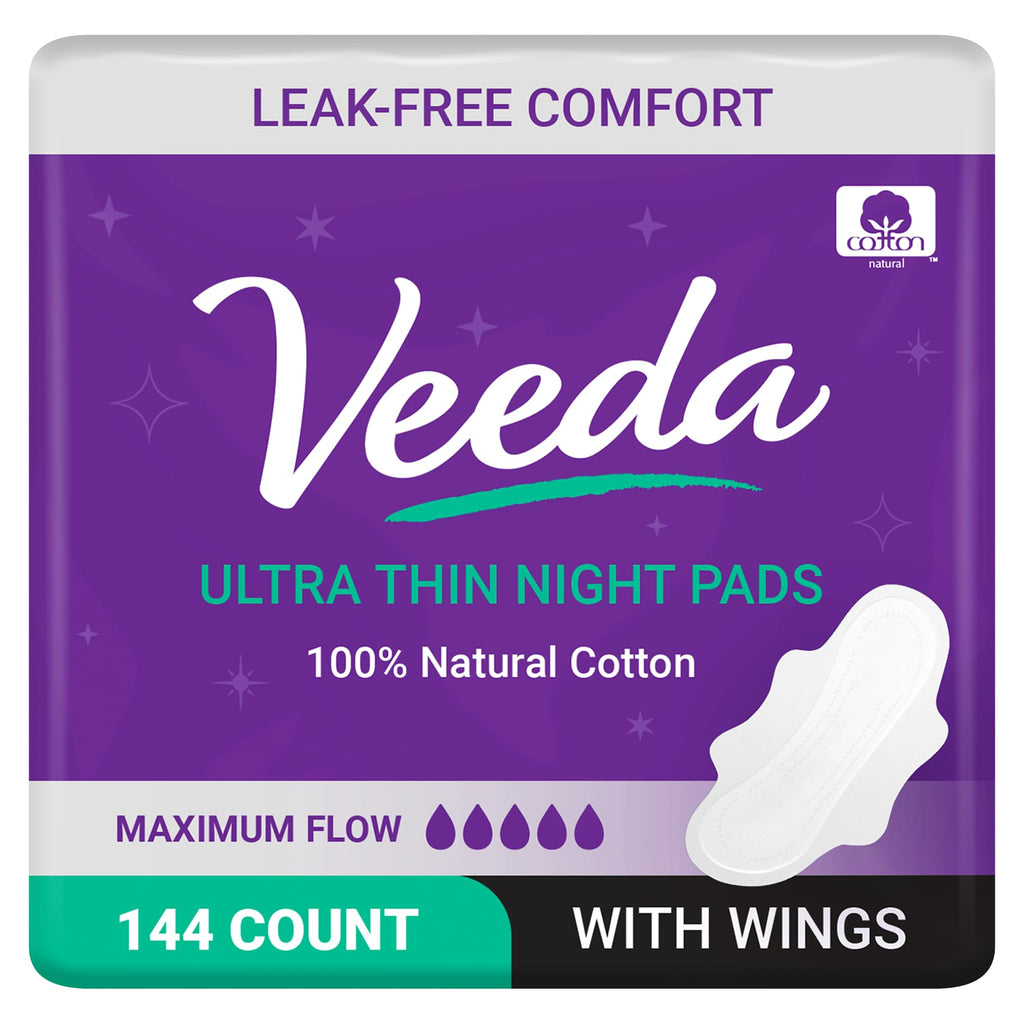 Veeda Ultra Thin Night Pads for Women - Super Absorbent Overnight Pads with Wings - Feminine Pad with Overnight Absorbency - Uns
