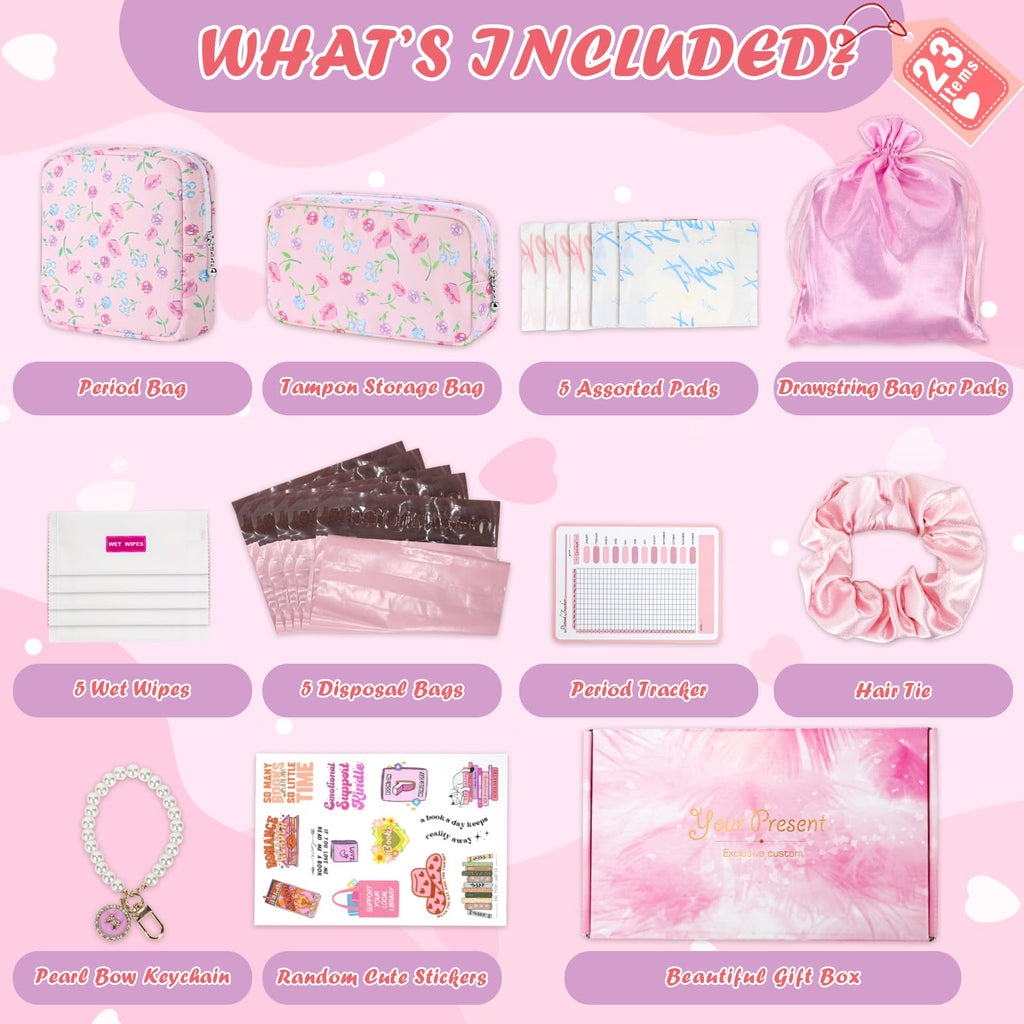 Desing Wish 22 PCS First Period Starter Kit Gift for Teen Girls Period Bags for Teen Tweens Girls with Sanitary Pad Storage Bag,