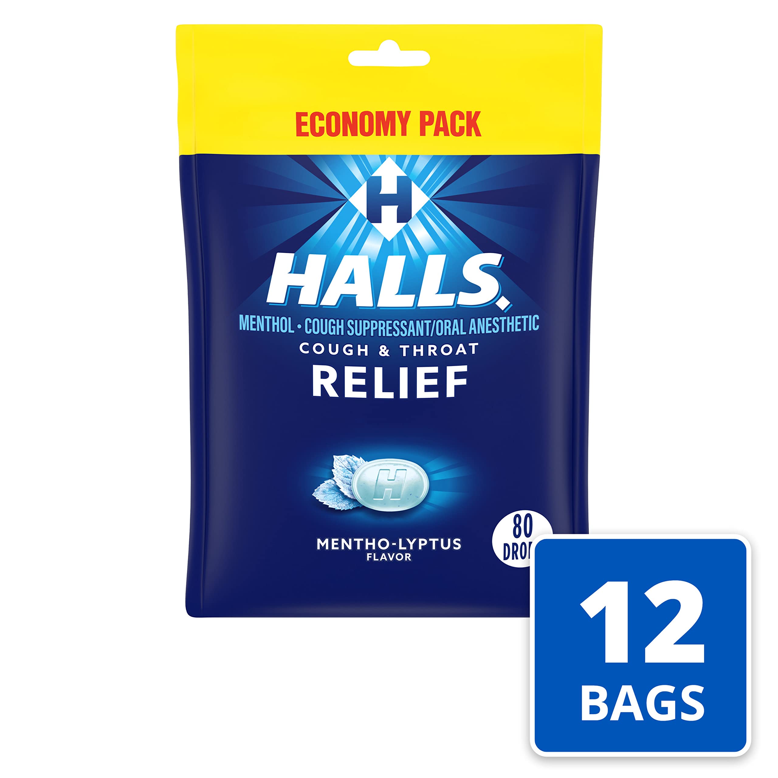 HALLS Relief Mentho-Lyptus Cough Drops, Economy Pack, 12 Packs of 80 Drops Bags (960 Total Drops)