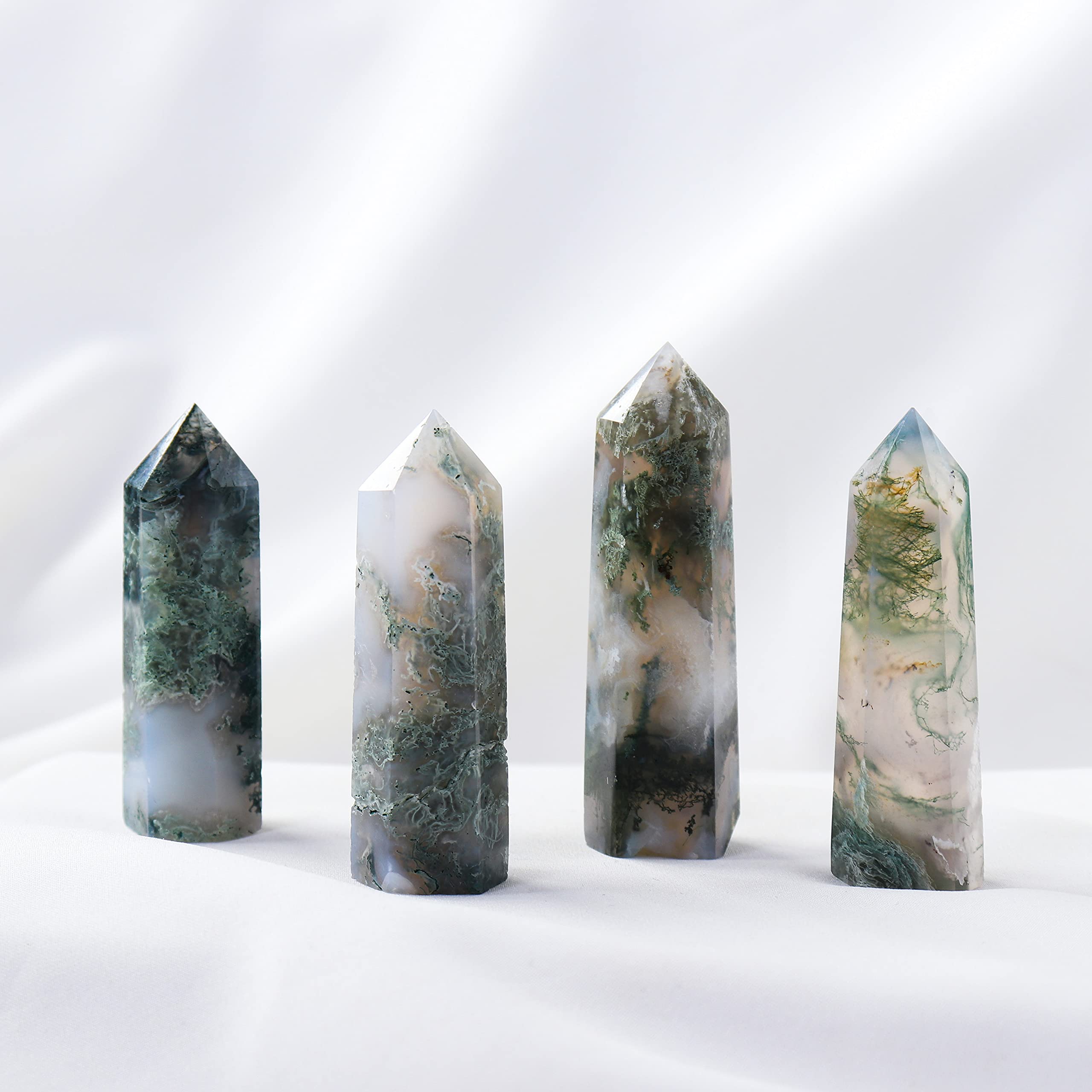 Runyangshi Natural Healing Crystals Aquatic Agate Wands 2-2.4 Moss Agate Single Point Healing Crystal Tower Green Water Plant Ag